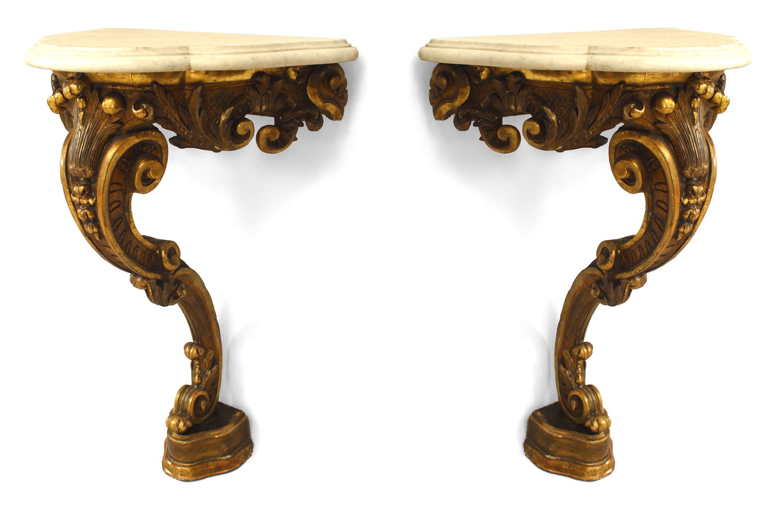Pair Louis XV Style Marble Top Giltwood Wall Consoles (1 of 1)