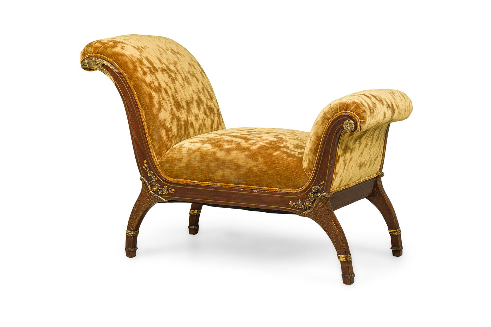 Austrian Empire style mahogany recamier: c. 1835, Austria, small mahogany recamier with bronze eagle trim and faded green upholstery with gold undertones, 31"h x 46"w x 18.5"d
