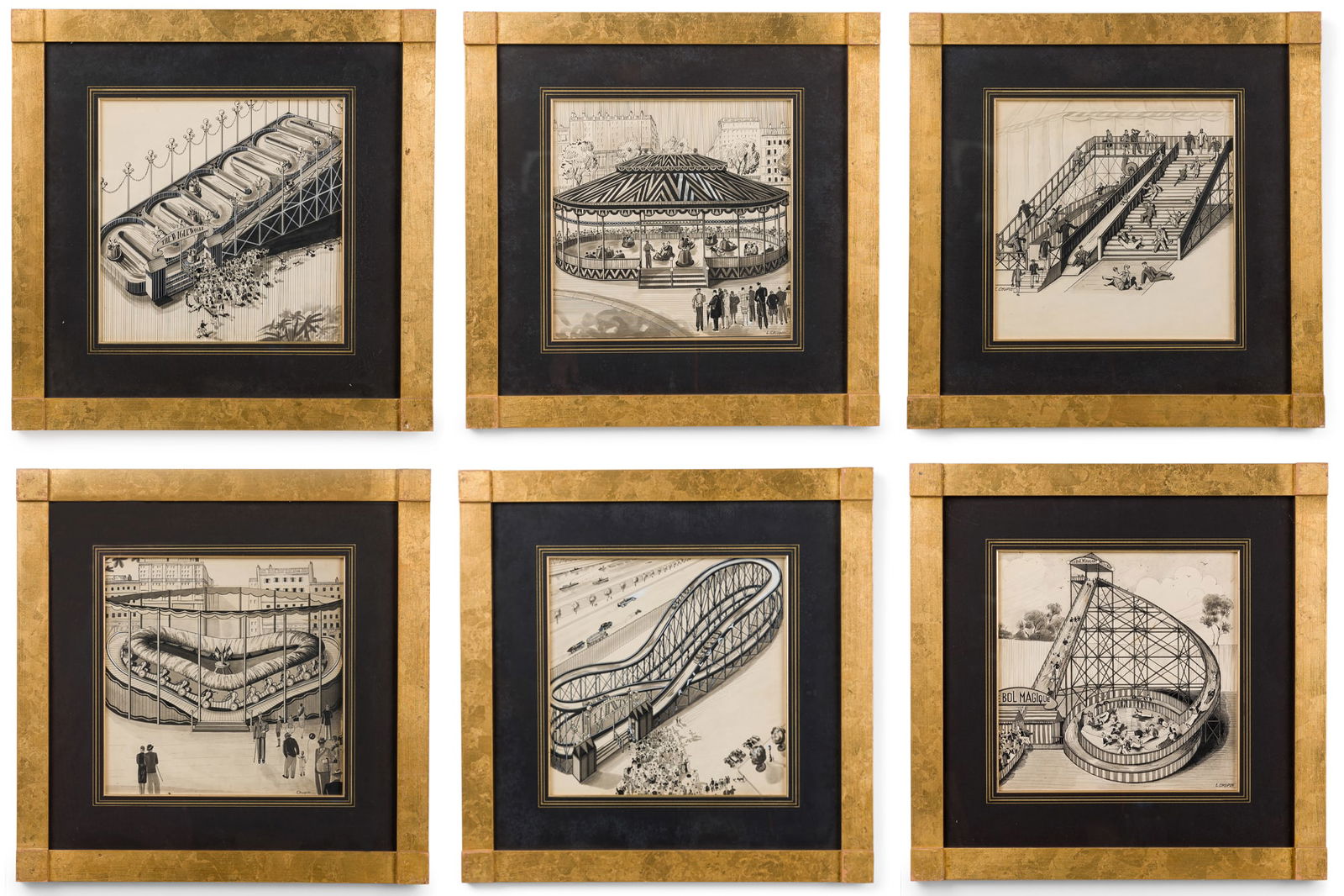 L. Chapin, (6) Art Deco Drawings: L.Chapin (American, active early 20th c.), Amusement Park Scenes, pen and ink on paper, black matting, each signed "L. Chapin" lower left, framed under glass, 23"h x 23"w x 1"