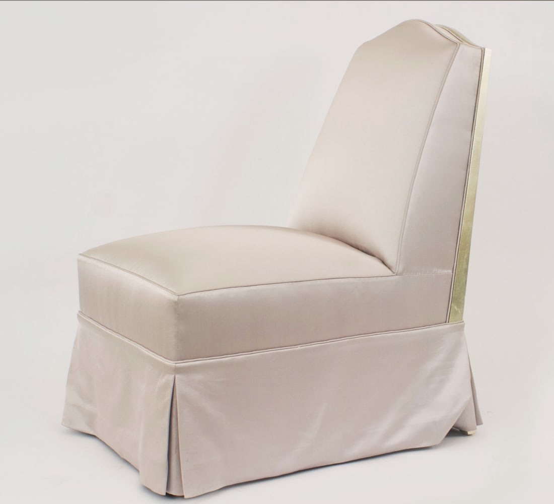 Geoffrey Bradfield , Pair Slipper Chairs: c. 20th c., USA,silver gilt framed, light beige satin upholstery, 36"h x 20.5"w x 32"d Provenance: Property from the Collection of Geoffrey Bradfield Keywords: Chair