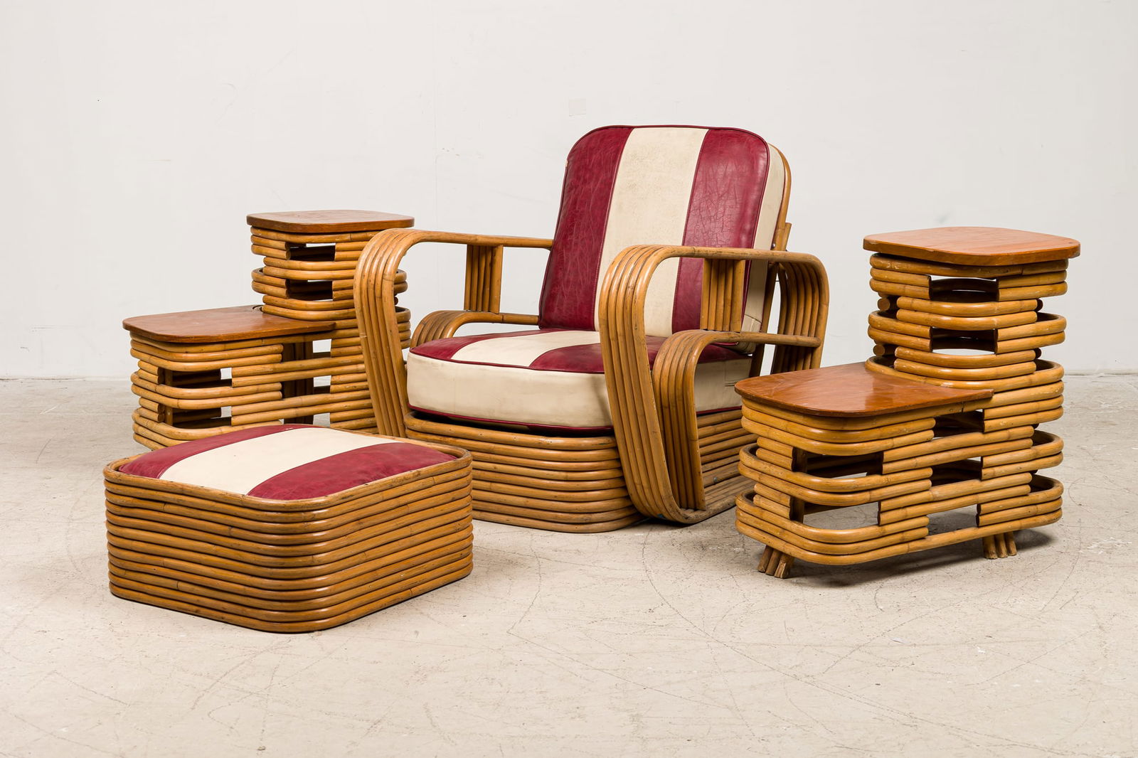 Set of Paul Frankl Style 5 Strand Rattan Chair, Ottoman & (2) Side tables (1 of 19)