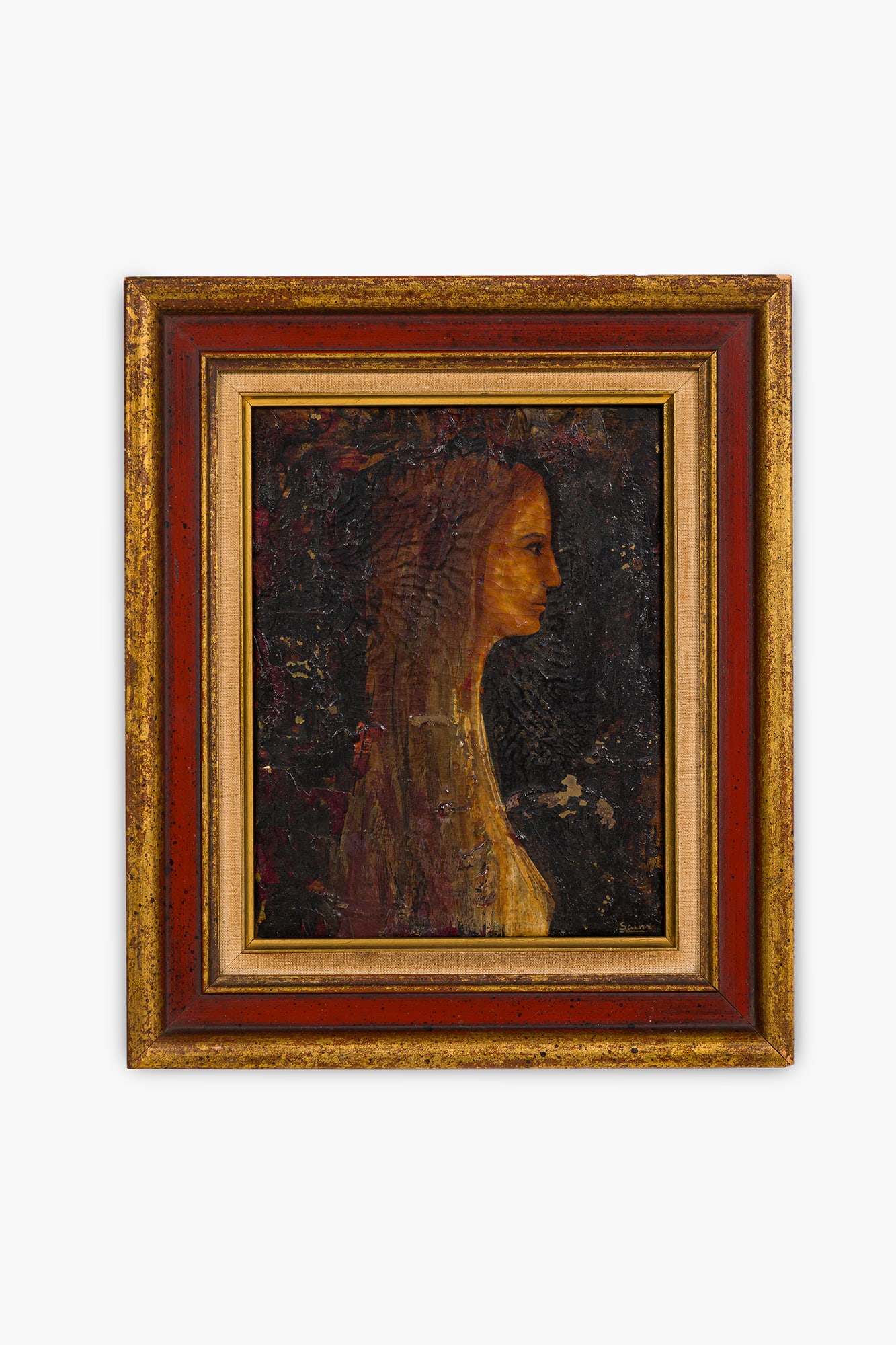 Francisco Sainz, oil on board, c. 1950: Francisco Sainz (Spanish, b.1923-1998), "Y.W." (Portrait of a Woman), gilt wood frame with a linen mat, signed lower right "SAINZ", titled and inscribed "SAINZ, 151 Ave B, NYC