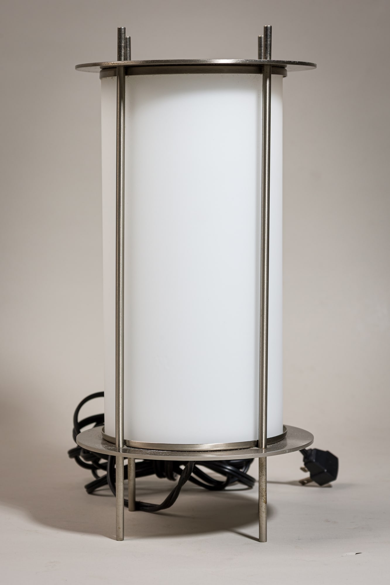 Alecia Wesner for George Kovacs, Touch Table Lamp: late 20th c., USA, brushed metal, frosted glass, with touch activated on and off switch, 15"h x 7.25"dia Provenance: 118 E. 87th St, NYC: A Private Collection featuring Ancient,&n