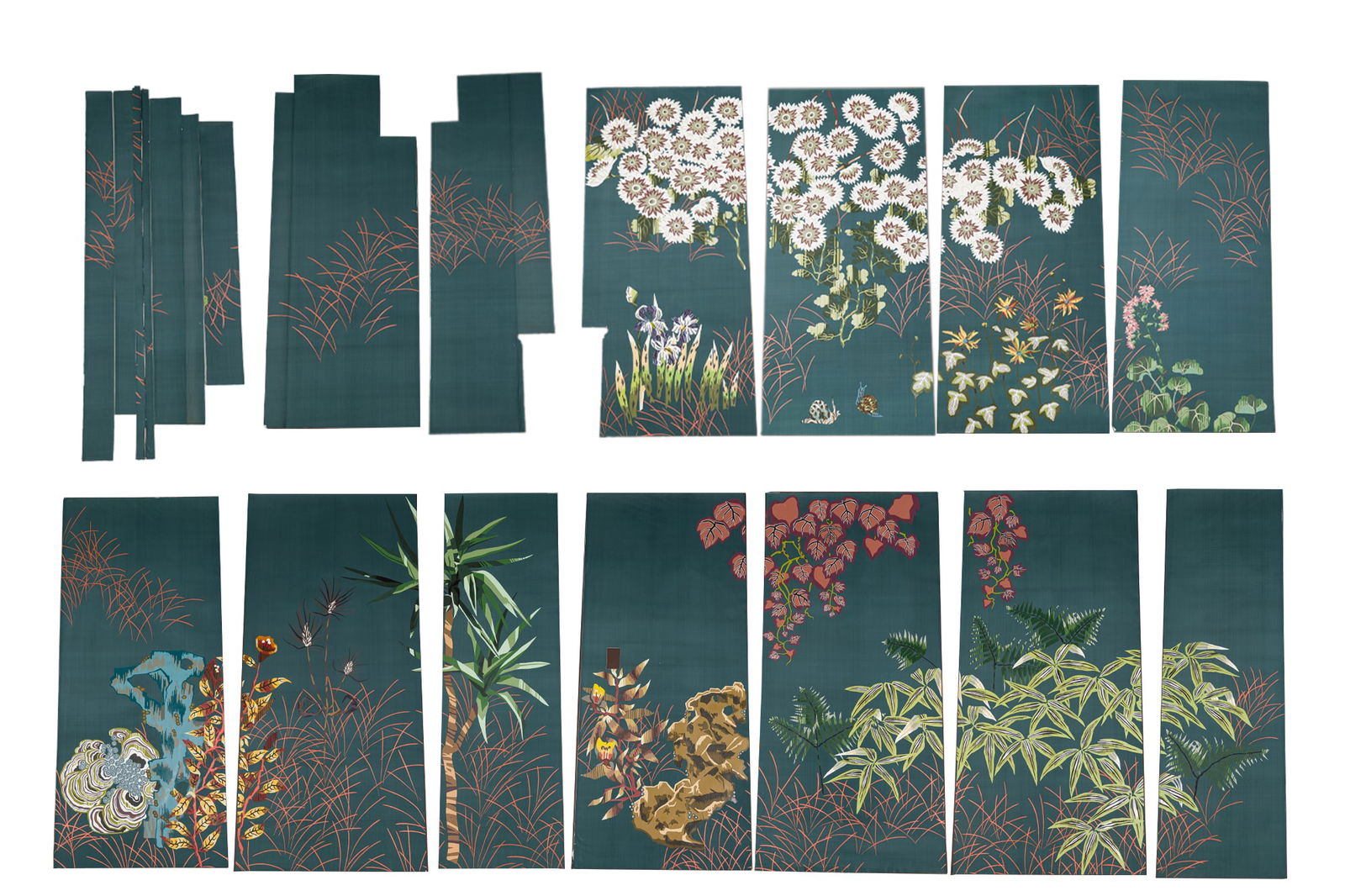 Fromental, (2) Lurcat Style Painted Silk Wallpaper Murals: 21st c., England, hand-embellished silkscreen on silk panels, some edge panels with cutouts for electrical and molding, "Bruyere Angers" white flower configuration 107"h x 177"w approx area (5 large p