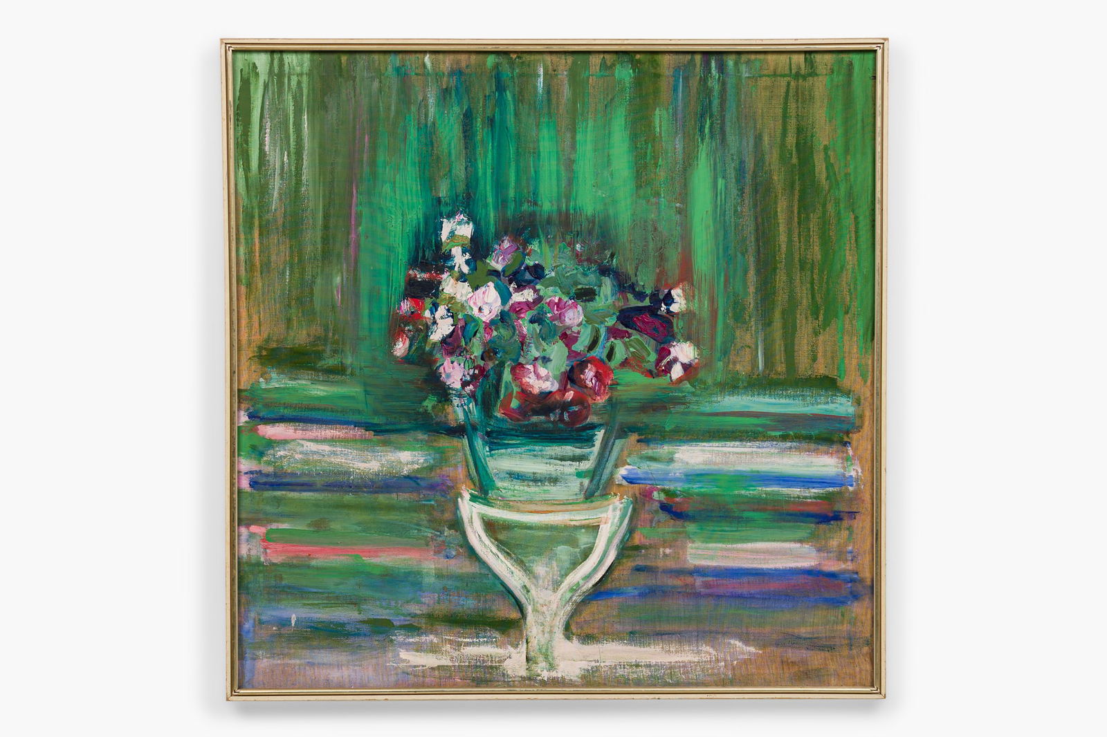 Dorothea Blum, oil on canvas: Countess Dorothea Blum Wenckheim,(American, 1934–2007), Floral Still Life in Landscape, labelled "Countess Wenckheim, 530 Park Avenue, New York, NY 10021," verso, 41.25"h x 4
