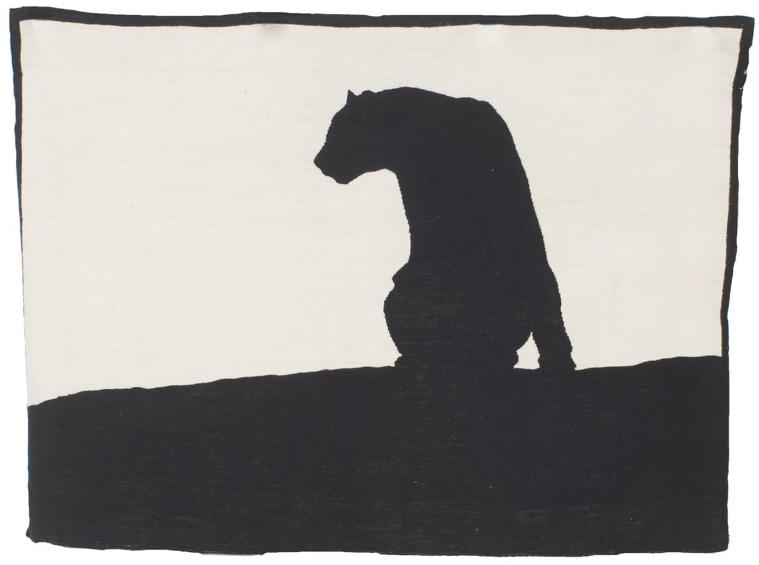 Geoffrey Bradfield Leopard Tapestry, 2011: 2011, USA, black and white woolen tapestry depicting a silhouette of a seated leopard, from the Geoffrey Bradfield's series "THE BIG FIVE", originally made to benefit the Hoedspruit Enda
