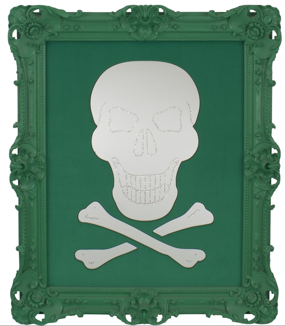 Geoffrey Bradfield, "Green Jelly Bean No. 1" Mirror: 2010, USA, skull & cross bone design in green Swarovski crystals on green velvet, framed in an ornate green filigree & carved Louis XV style frame, from the series "THE QUICK AND THE DEAD