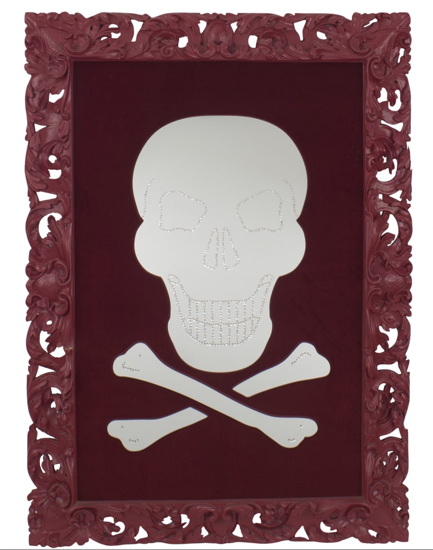 Geoffrey Bradfield, "Pirate Red No: 3" Mirror: 2010, USA, Swarovski crystals embellished wall mirror with skull & cross-bone design on maroon velvet, framed in an ornate maroon filigree & carved Louis XV style frame, from the series "
