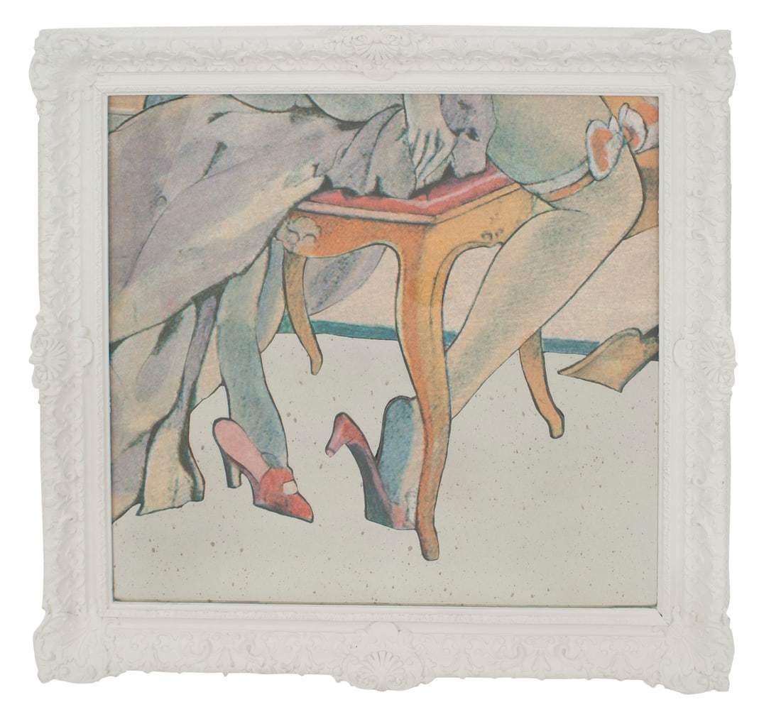 Geoffrey Bradfield, Eglomise Panel, 2012 : "Voyeurism & Vanity: Shoes", glass print with hand embellishment, white lacquered carved wood frame, 38"h x 38"w x 2.5"d Provenance: Property from the Collection of Geof