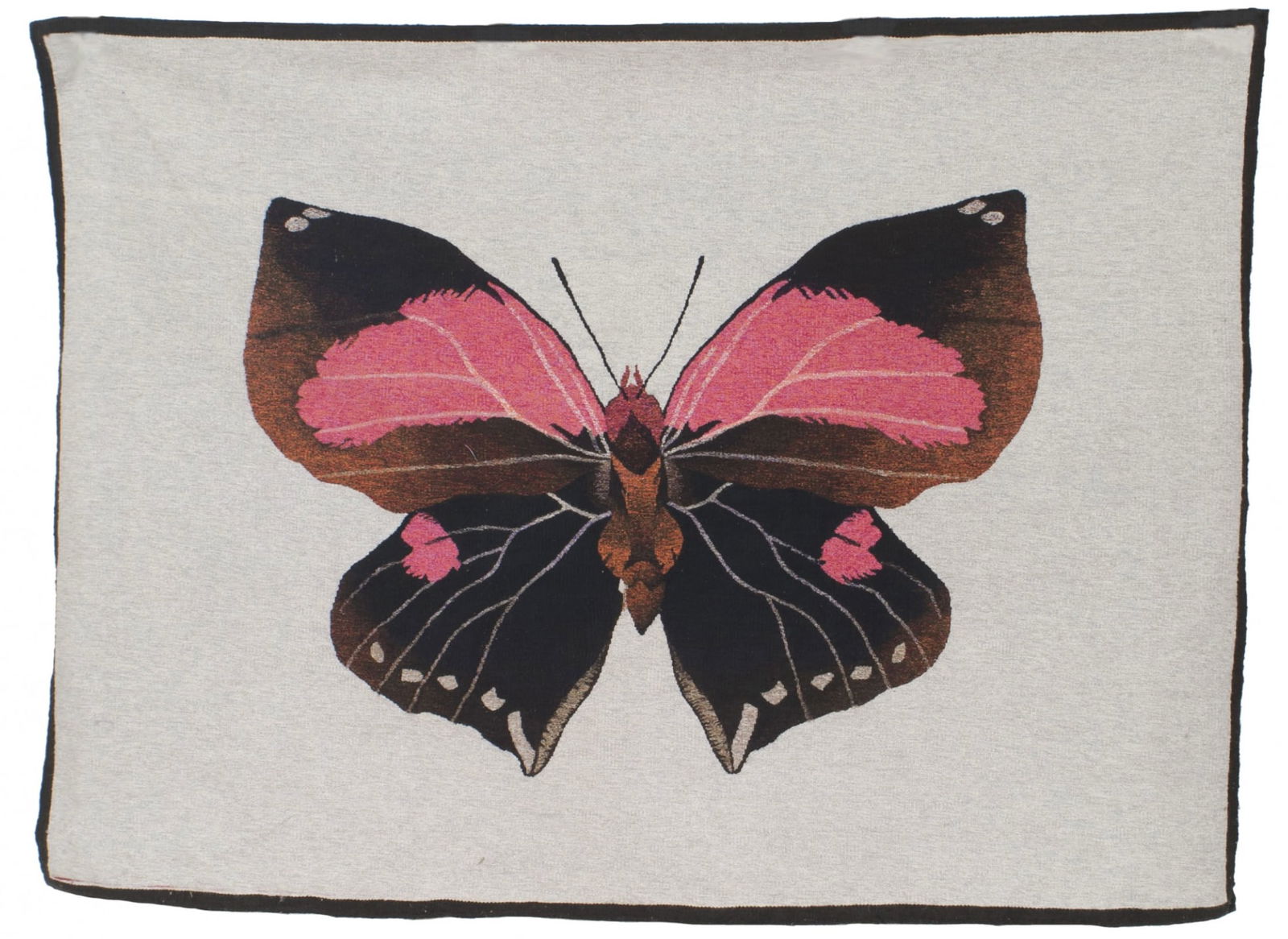 Geoffrey Bradfield, Tapestry "Les Grandes Papillon", 2009: 2009, USA, hand woven wool tapestry of a pink/red butterfly on a white background, 64.5"h x 88"w x 0.5"d Provenance: Property from the Collection of Geoffrey Bradfield Keywords: , Nor