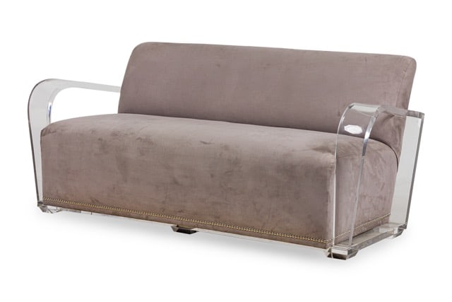 Geoffrey Bradfield ,Lucite and Suede "Coco" Settee: c. 2007, USA, clear acrylic, grey suede upholstery, from an edition of 24,27"h x 67"w x 25"d, 16"h (to seat) Provenance:Property from the Collection of Geoffrey Bradfield 