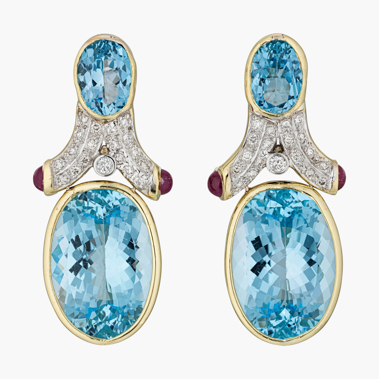 Blue Topaz and Diamond Earrings: Origin: Contemporary Metal: 18K yellow gold Gemstones: Oval shape blue topaz approx. 95.00 carats total; round brilliant cut diamonds approx.1.20 carats total most G-H/VS-SI Measurements: 2 inches lon