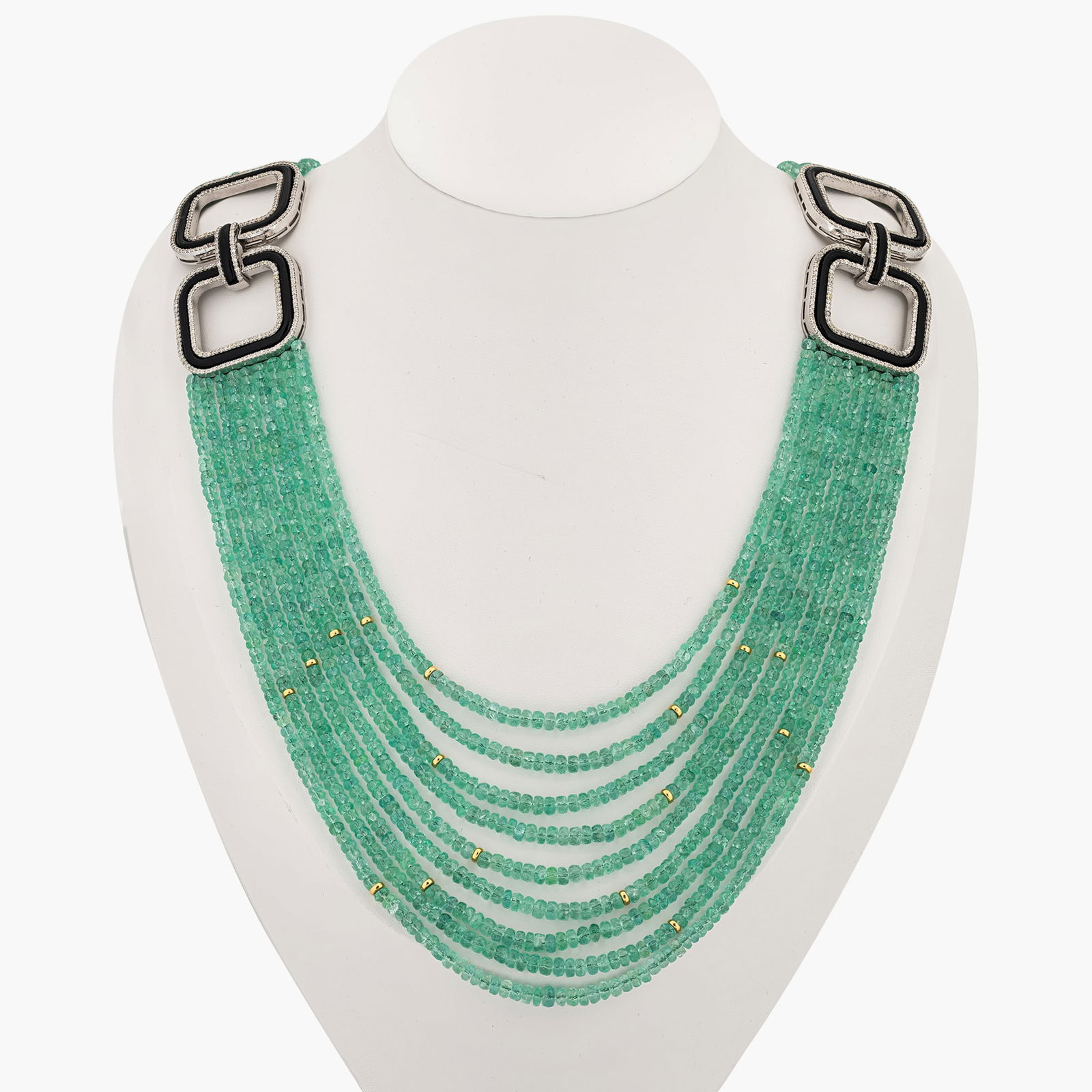 Colombian Emerald Bead Necklace,GIA: Origin:Contemporary Metal: Silver/14K yellow gold Gemstone(s) Bead Columbian emeralds/F2 approx.411.30 carats total GIA# 1232470647; round diamonds approx.3.36 carats total Measurements: 28 1/2 inches
