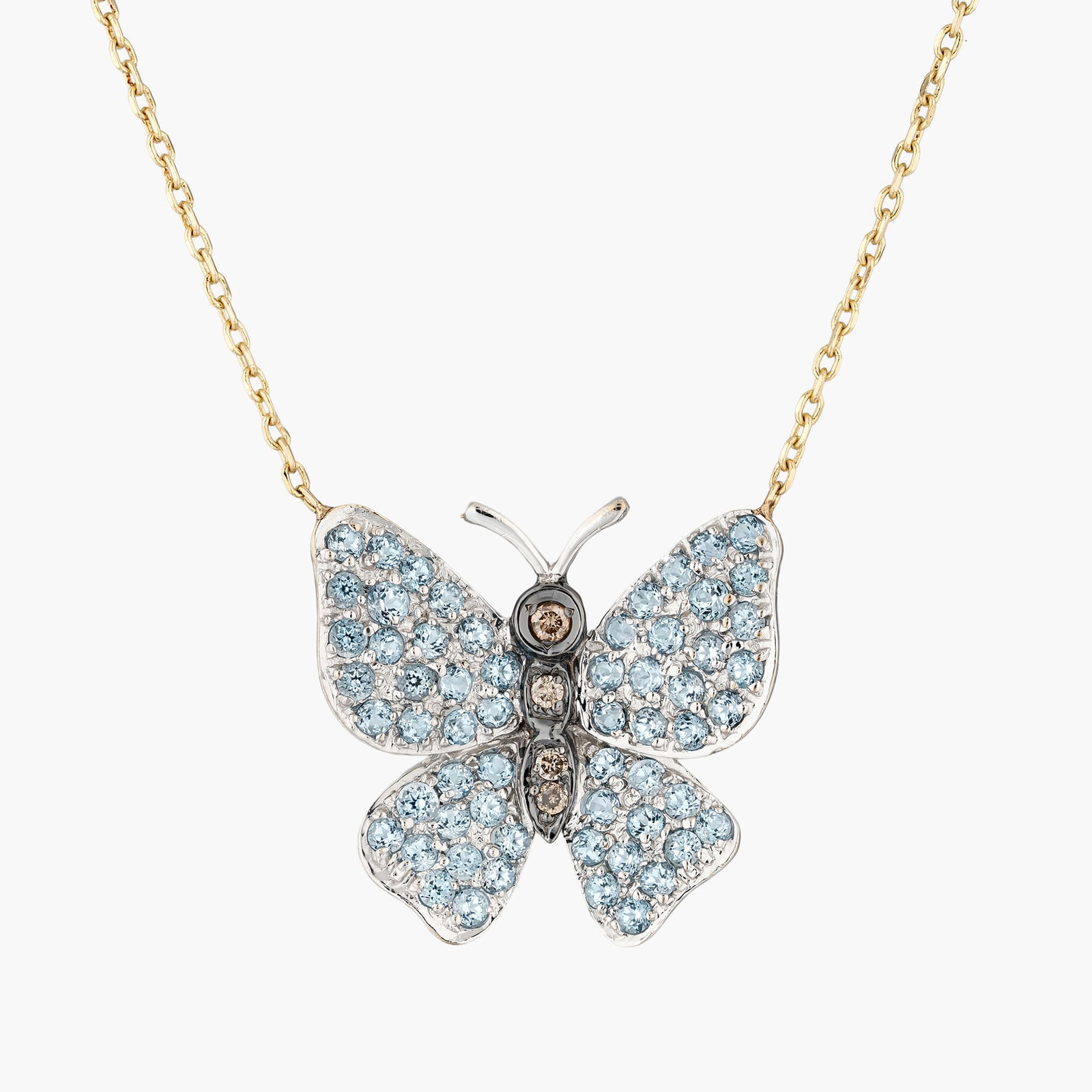 Blue Topaz And Diamond Butterfly Necklace: Origin: Contemporary Metal: 14K Gemstone(s): Round shape blue topaz approx. 1.75 carats total; round shape diamonds approx.0.10 carats total Measurements: 16 inches long Weight: 4 g Stamped: 585 Cond