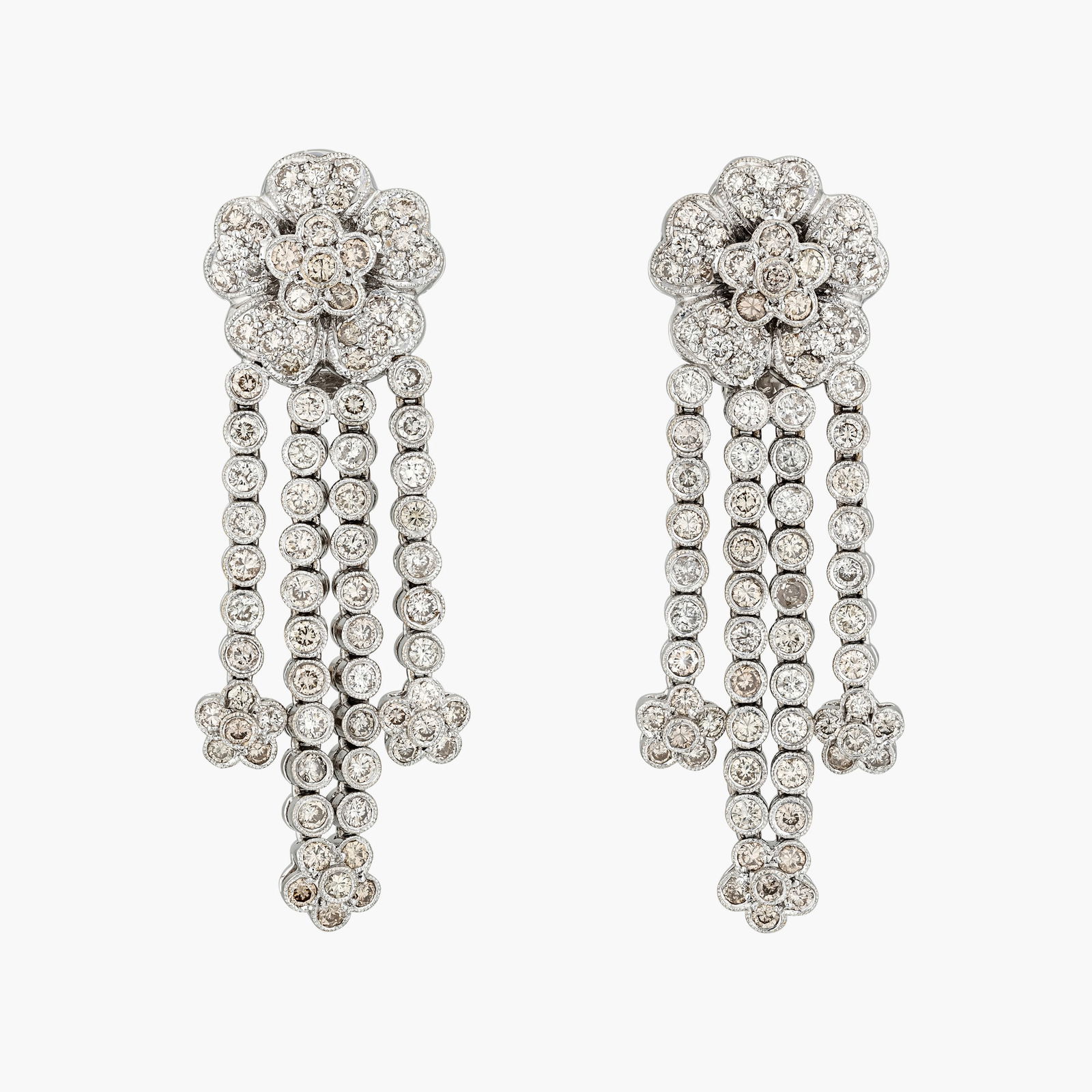 Diamond Hanging Flower Earrings: Origin: ContemporaryMetal: 18K white goldGemstones: Round brilliant cut diamonds approx. 3.50 carats total, most K-L/SIMeasurement : 2 inches longWeight: 26.8 gStamped: 18KCondition: