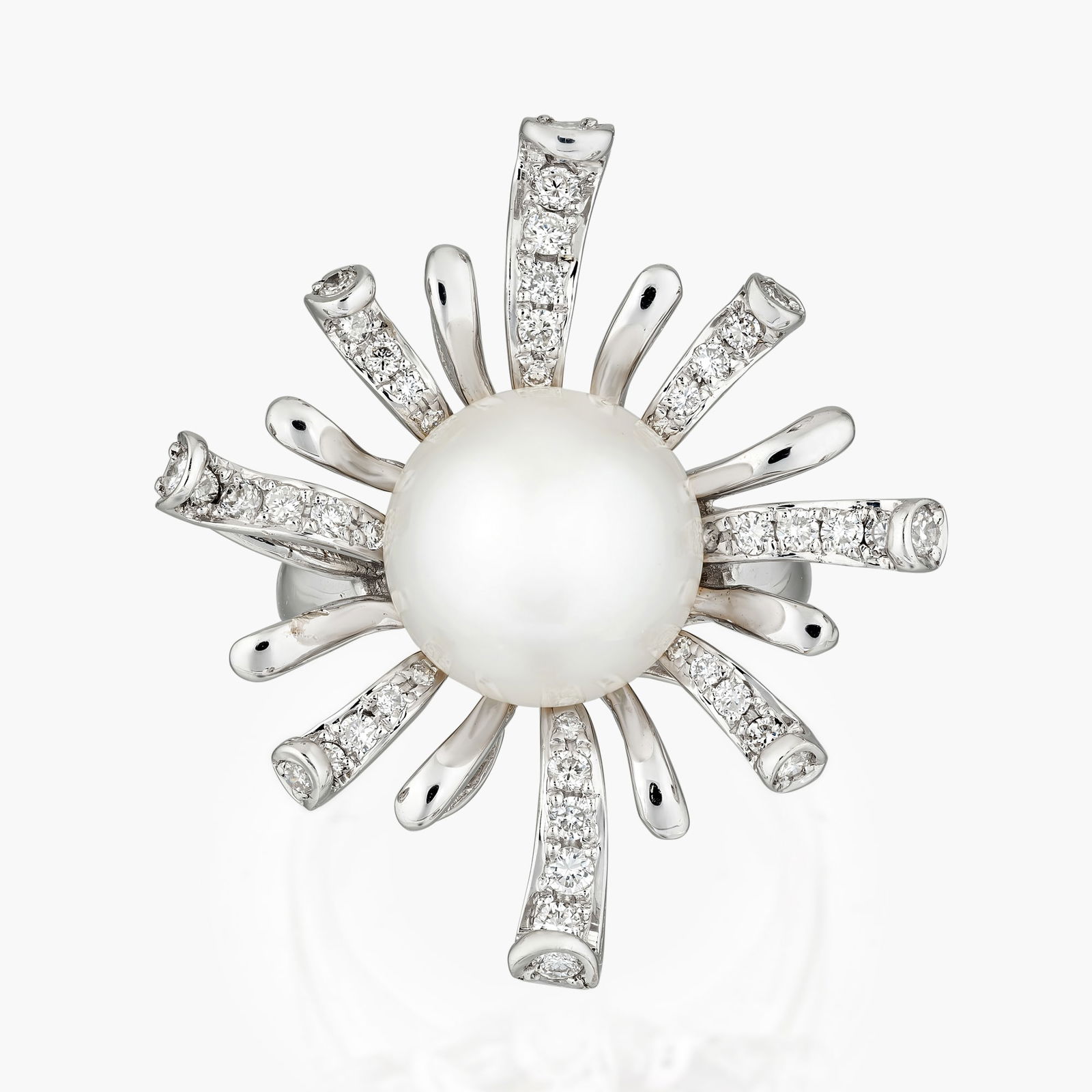 Pearl And Diamond Spray Ring: Origin: ContemporaryMetal: 18K white goldGemstones: White pearl approx. 11.5 mm: round brilliant cut diamonds approx. 0.56 carats total, most G-/VSMeasurements: 1 1/4 topRing size: 6 3/4Weight: 10.5