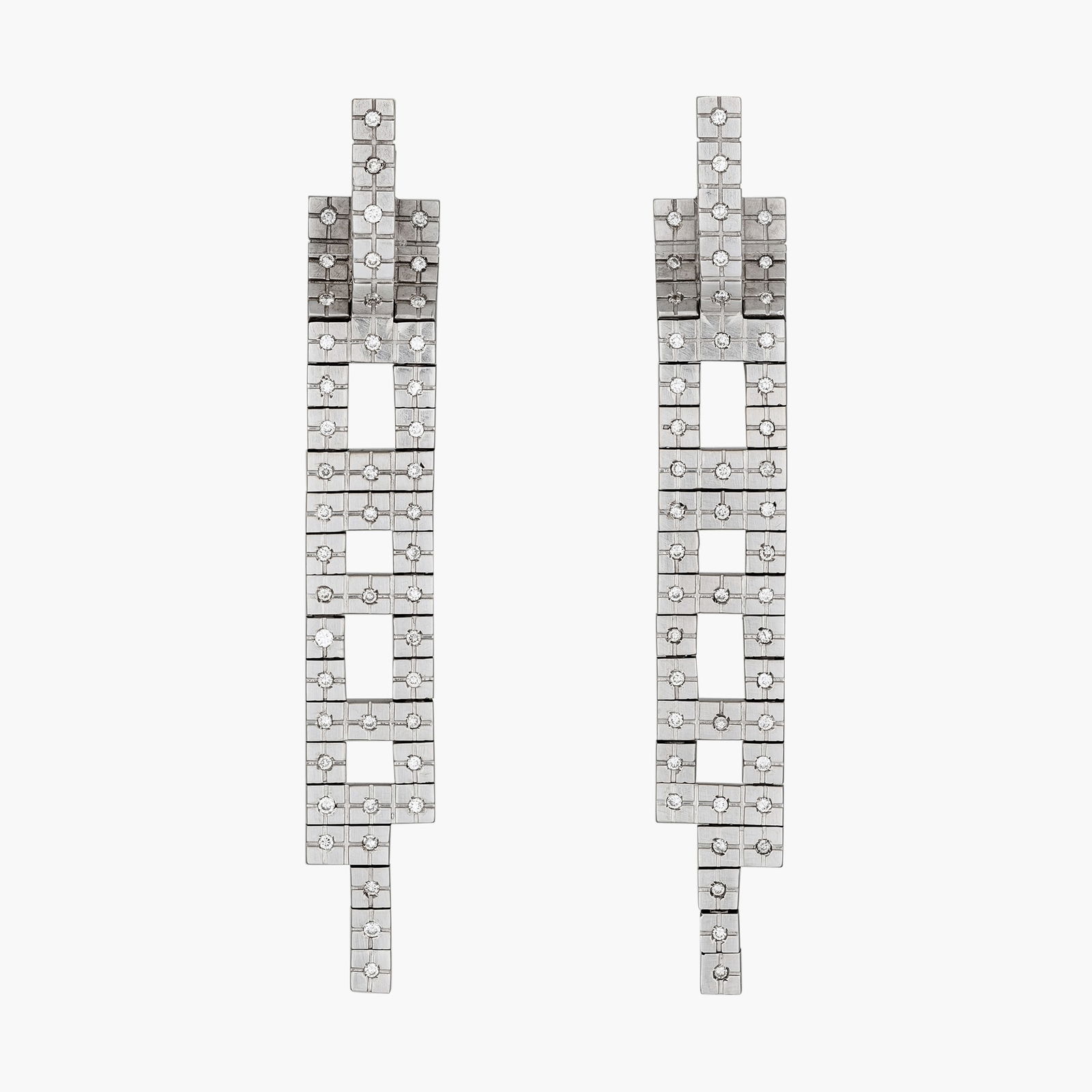 H.Stern Diamond `Metropolis' Earrings: Origin: H.SternMetal: 18K white goldGemstone(s): Round brilliant cut diamonds approx.075 carats total, most G-H/VSMeasurements: 2 1/2 inchWeight: 22 gStamped: H,750 ,Italian hallmarksCondition: In