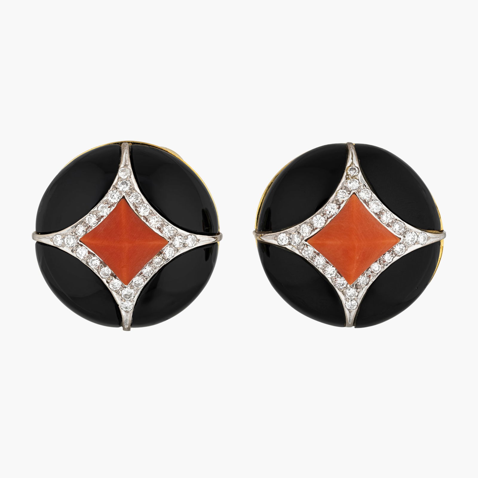 Vintage Coral, Onyx And Diamond Gold Earrings: Origin: VintageMetal: 18K yellow goldGemstone(s): Round brilliant cutdiamonds approx. 1.68 carats total, most F-G/VSMeasurements: 23 mm on topWeight: 23.8 gStamped: 750Condition: In very good
