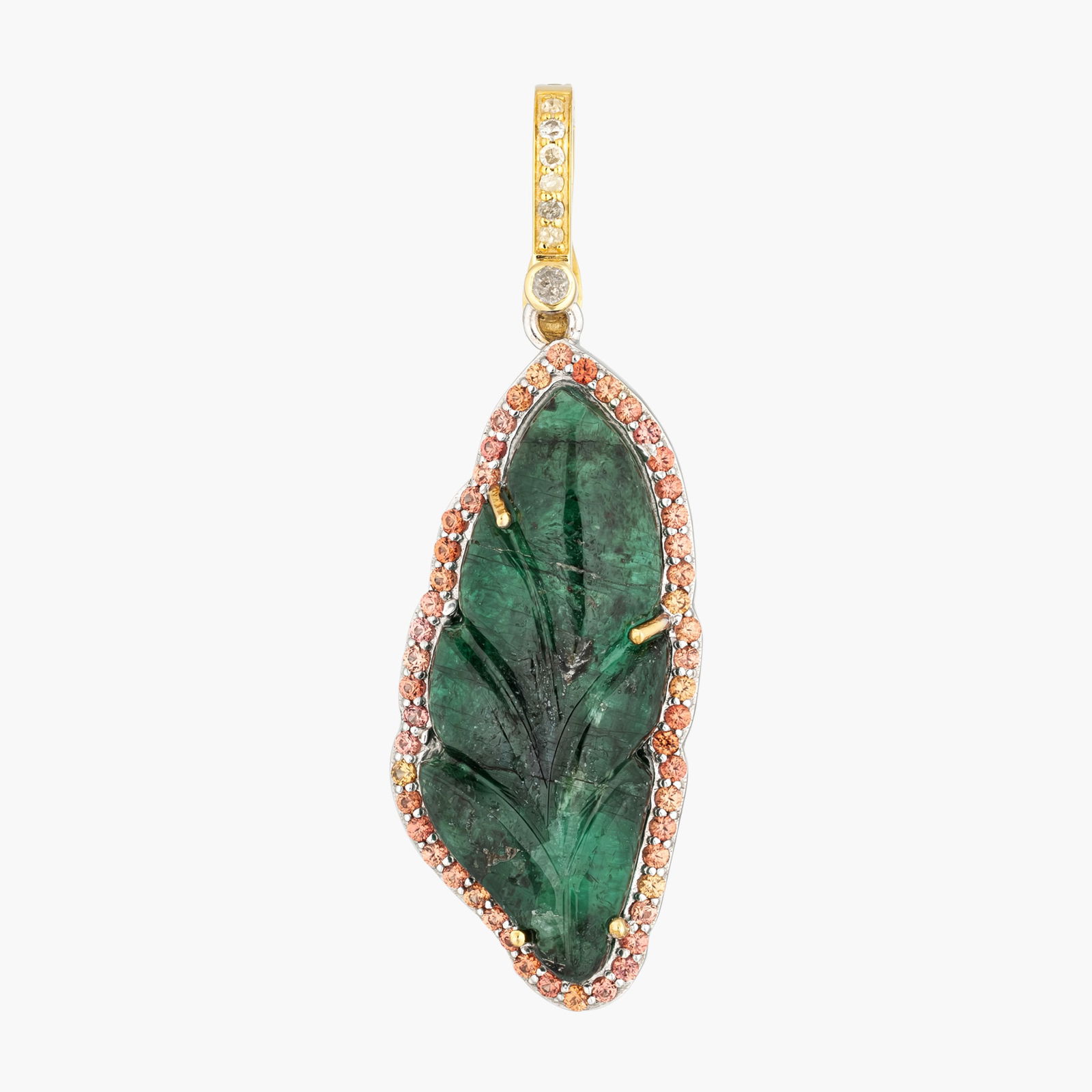 Emerald ,Sapphire And Diamond Leaf Pendant: Origin: Contemporary Metal: Silver/Gold Gemstone(s) Emerald approx.8.09 carats; Sapphires approx.0.41 carats total Measurements: 1 1/2 inches long Weight: 4 g Condition: In excellent condition.