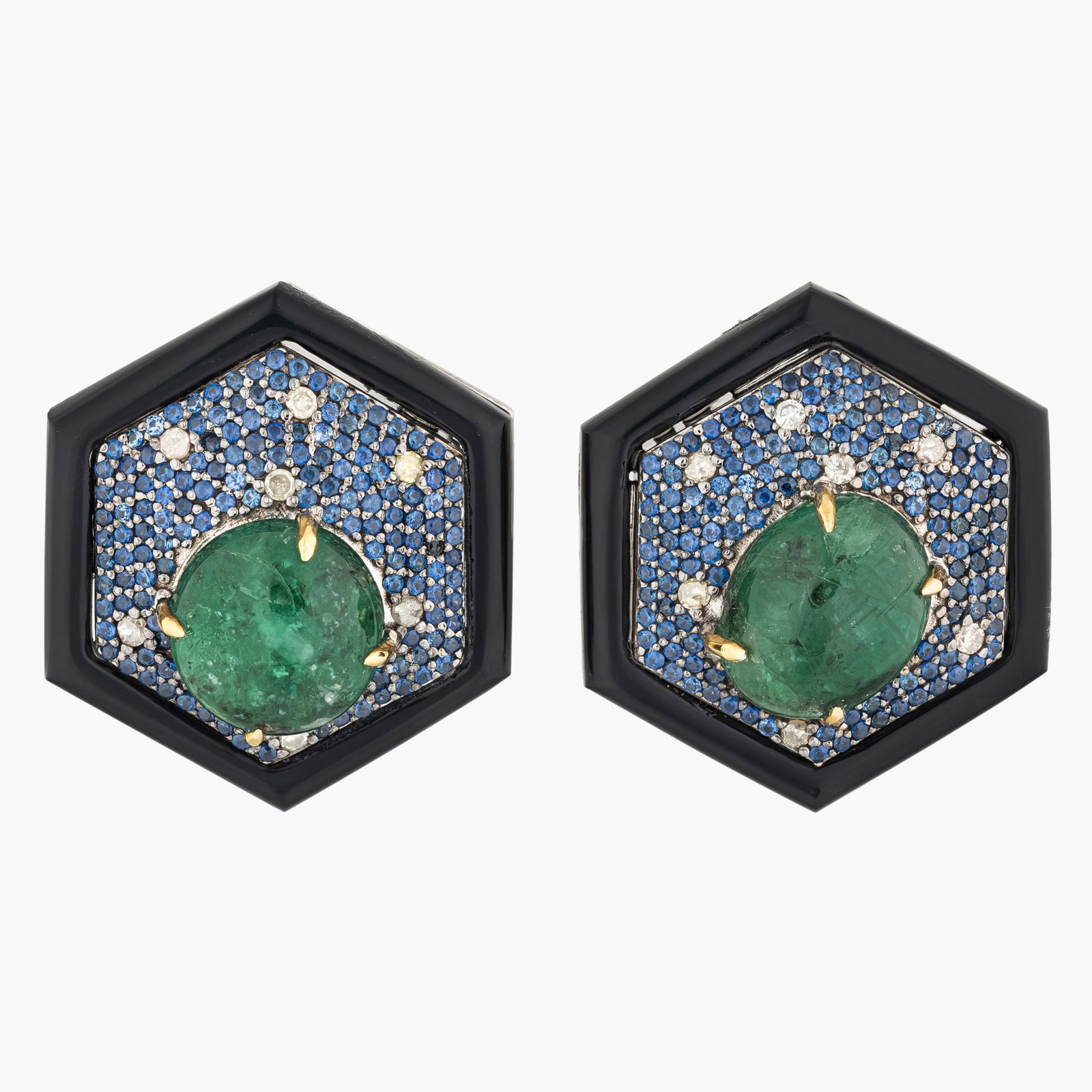 Emerald, Sapphire And Diamond Ear Studs: Origin: Contemporary Metal: Silver/Gold Gemstone(s): Emeralds approx. 4.88 carats total; sapphires approx. 0.86 carats total Measurements: 200 mm on top Weight: 8.7 g Condition: In excellent condition