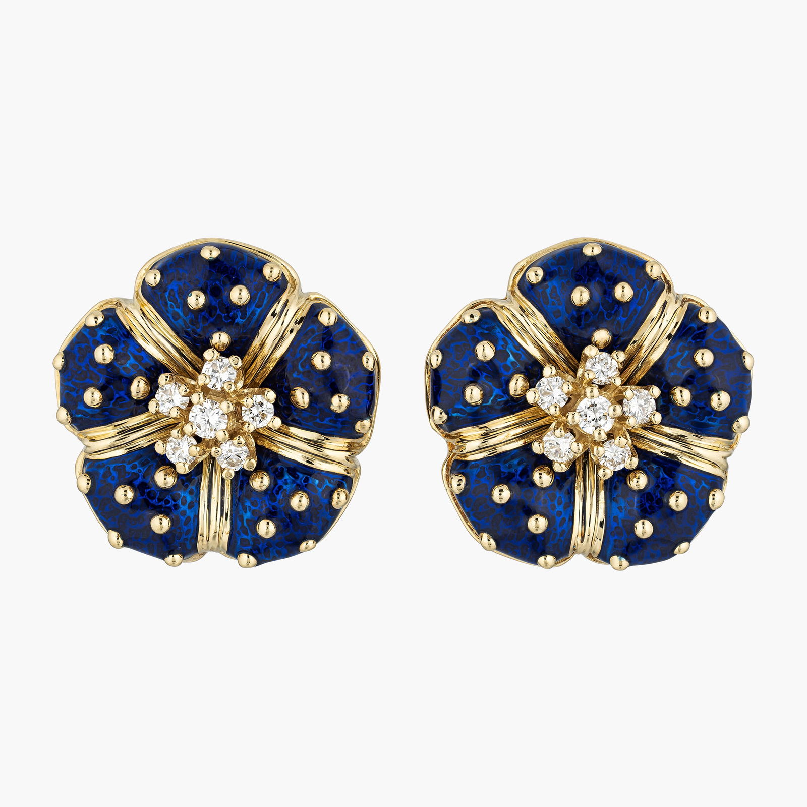 Hidalgo Diamond And Blue Enamel Flower Earrings: Origin: Vintage Metal: 18K yellow gold Gemstone(s): Round brilliant cut diamonds approx. 0.60 carats total, most F-G/VS Measurements: 20 mm wide Weight: 20.90 g Condition: In excellent condition.