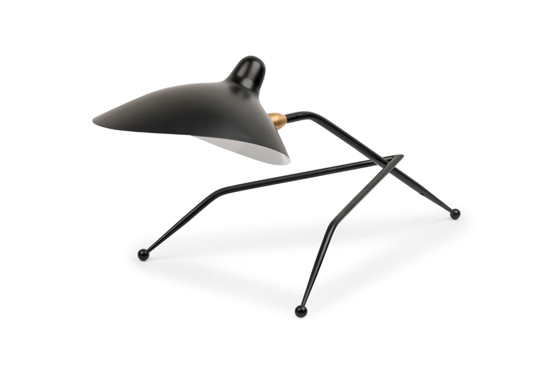 Organic Modernism, "Louva" Black Metal Tripod Task Lamp: 21st c., USA, black enameled sheet metal, the cantilevered tripod bases supporting an angled lamp with a tapered semicircular shade, in the style of Serge Mouille, 12"h x 24"sqr Shipping Note: LOCAL P