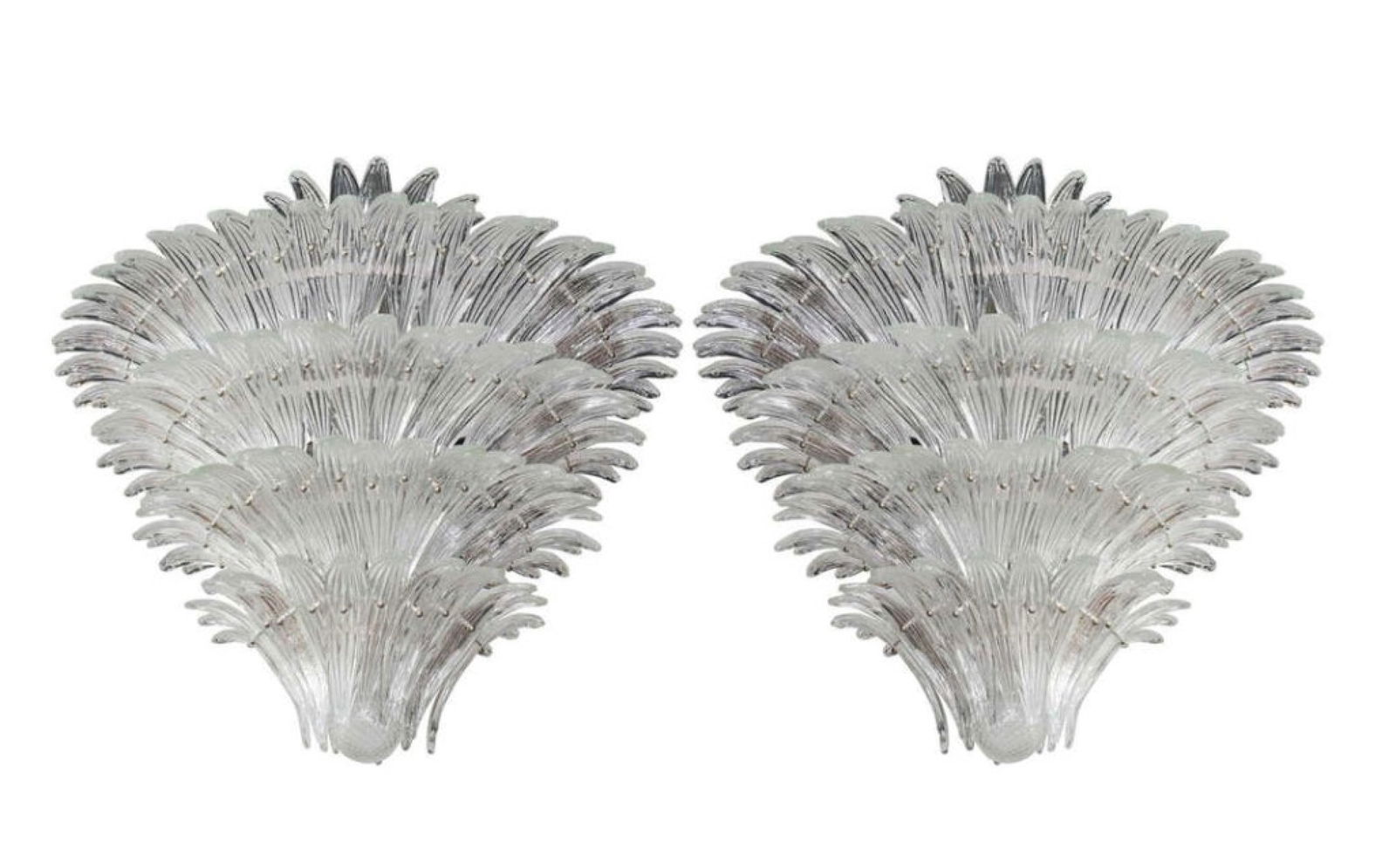 Pair Italian Murano Tiered Frond Chandeliers: c. 1960s, Italy, clear molded glass, 4-tier flared design with leaf form panes and ending with a ball finial pendant, 38"h x 26"dia Shipping Note: LOCAL PICKUP IS NOT AN OPTION. All items MUST be ship