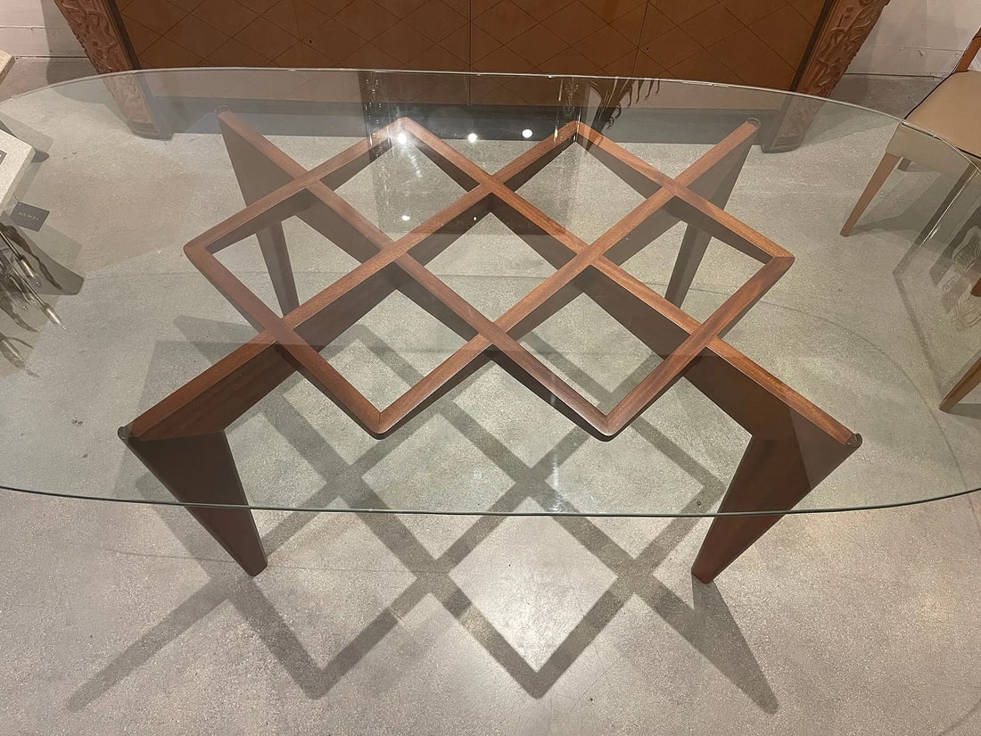 Gio Ponti (Style), Italian Modern Mahogany Dining Table Base: c. 1950s, Italy, ribbon mahogany veneer, a geometric angular design with an openwork diamond shaped lattice , supported on 4 tapered, sharply cornered legs, lacking top, 32"h x 49"l x 33"w Shipping