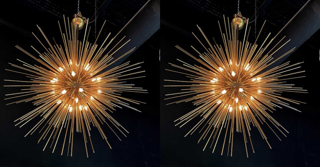 Pair Monumental Mid-Century Italian Brass Sputnik Chandeliers: c. 1960s, likely Italian, brushed brass rods, wired with inset candelabra sockets, 50"dia, 66"h (to canopy) Shipping Note: LOCAL PICKUP IS NOT AN OPTION. All items MUST be shipped via LiveAuctioneers