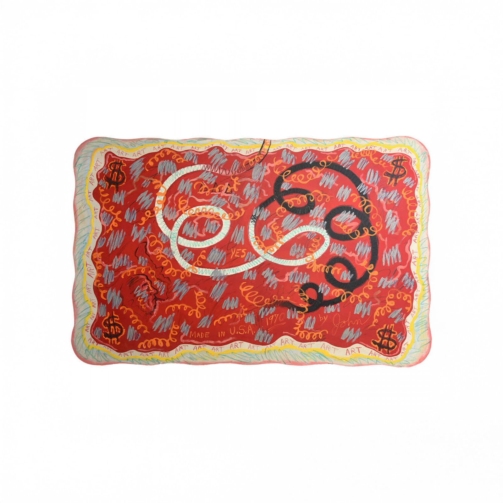 John Tweddle, Monumental Modern Acrylic on Canvas, 1970: John Tweddle(American, 1938-2022), American Prosperity, signed "John" lower right, on a shaped canvas with scalloped edge, gallery stamp on stretcher, unframed, 77"h x 117"w Provenance, David Whitney