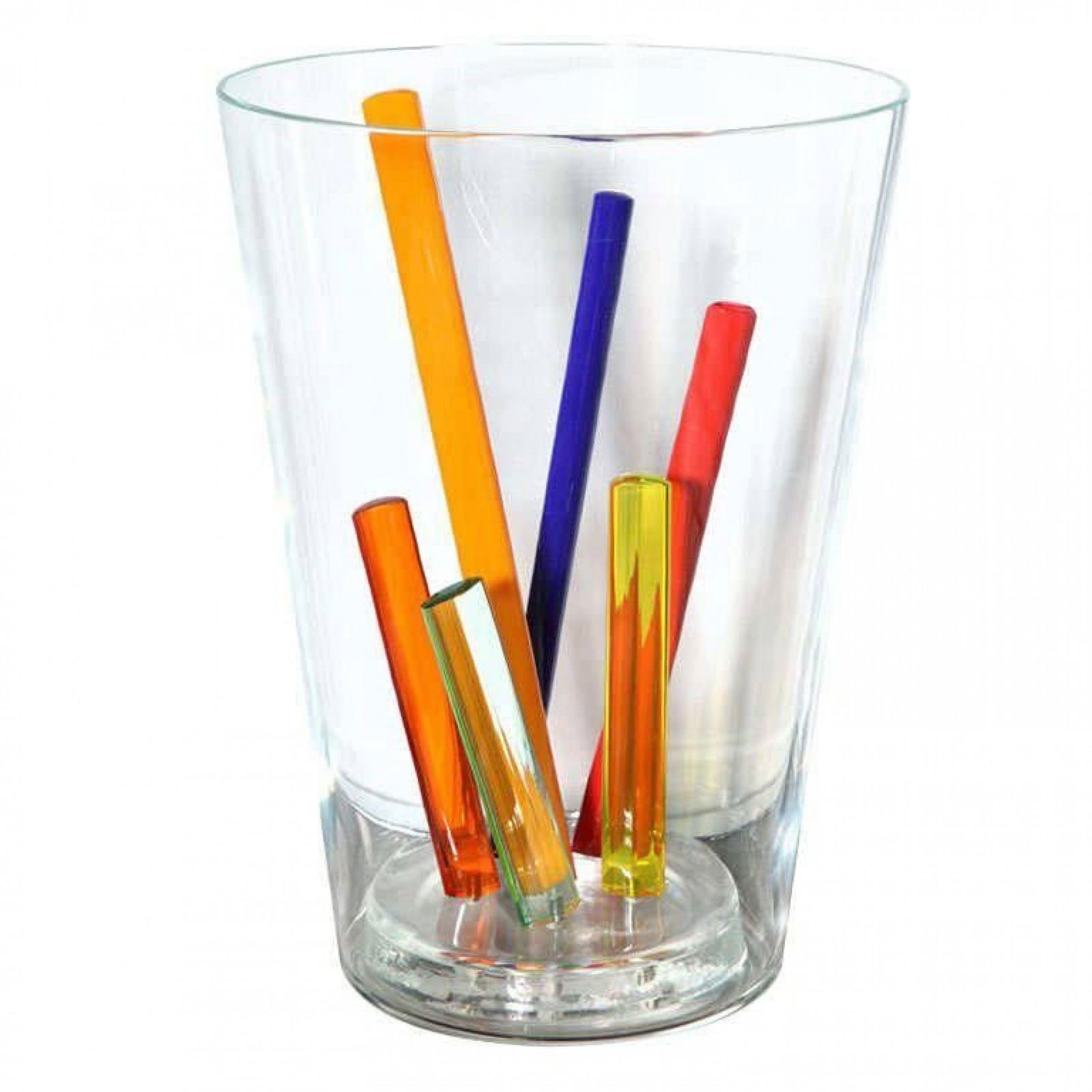 Giovanni Levanti for Salviati, Stelo vase: 1996, Italy, multicolor glass rods mounted in clear glass vase, makers sticker to underside, 12"h x 8.5"dia Shipping Note: LOCAL PICKUP IS NOT AN OPTION. All items MUST be shipped via LiveAuctioneers