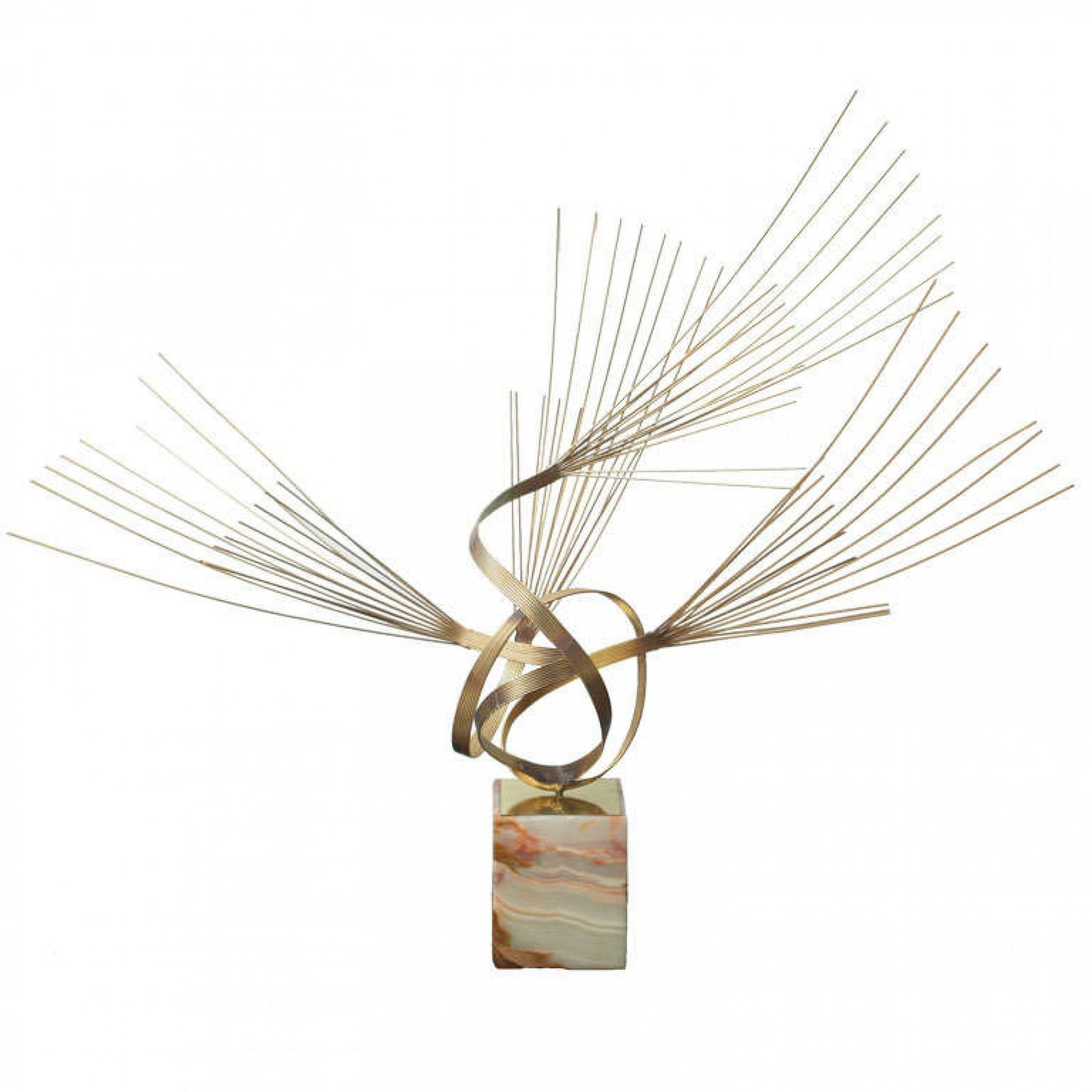 Curtis Jere, Large Brass Sculpture: c. 1970s, brushed brass, on Onyx base, 32"h x 38"w x 22"dShipping Note: LOCAL PICKUP IS NOT AN OPTION. All items MUST be shipped via LiveAuctioneers Shipping Services. Use the LiveShip button to reque