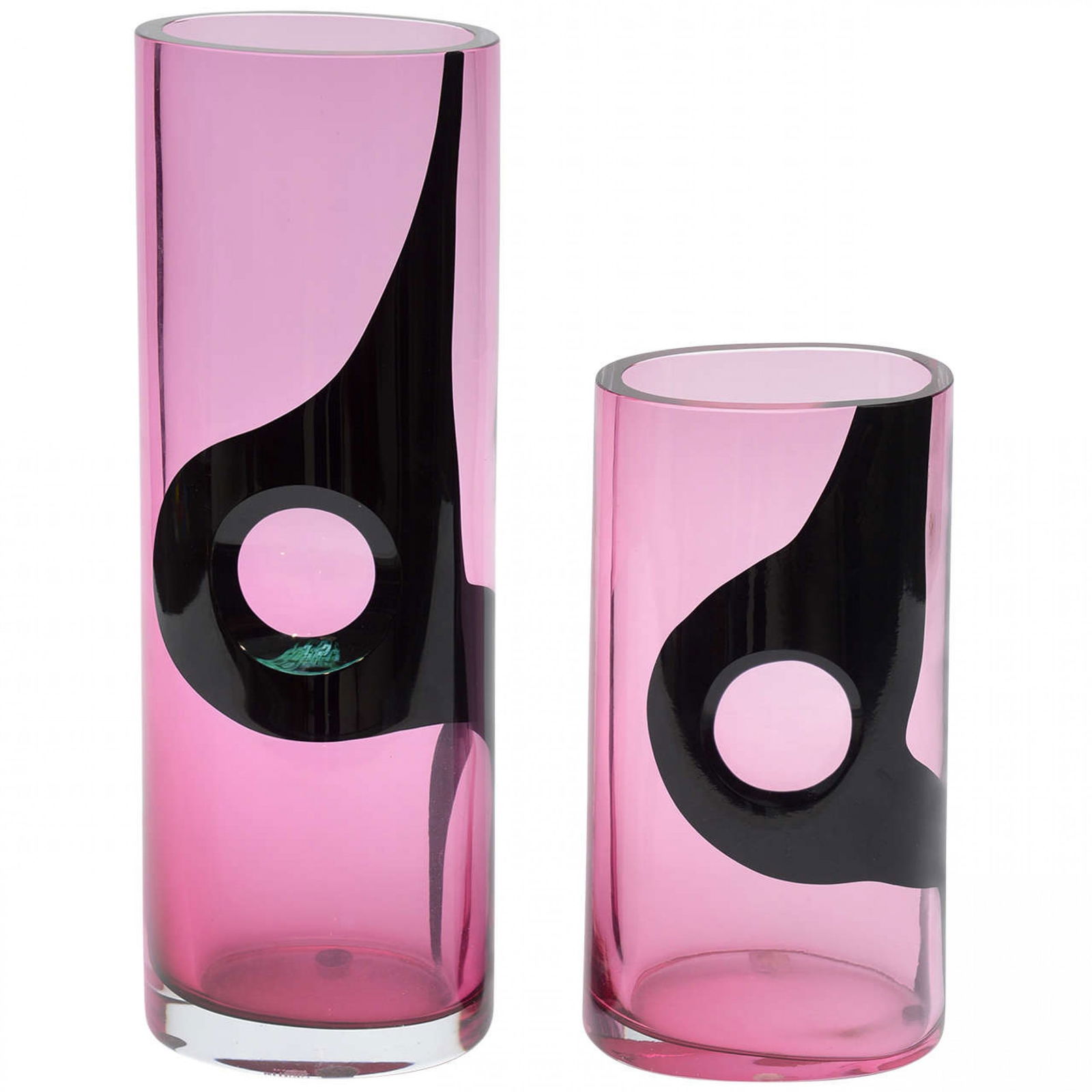 Seguso AV for Oggetti, (2) Murano Art Glass Vases: c. 1970s, Italy, hand blown pink glass with black swirl, etched signature, 16"h x 5"dia (larger) Shipping Note: LOCAL PICKUP IS NOT AN OPTION. All items MUST be shipped via LiveAuctioneers Shipping Se