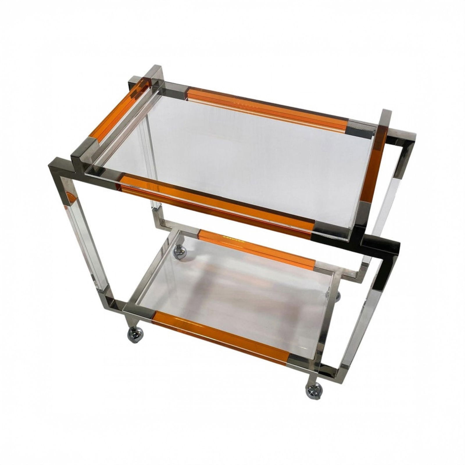 Charles Hollis Jones, Orange Lucite & Polished Nickel Metric line Bar Cart (1 of 6)