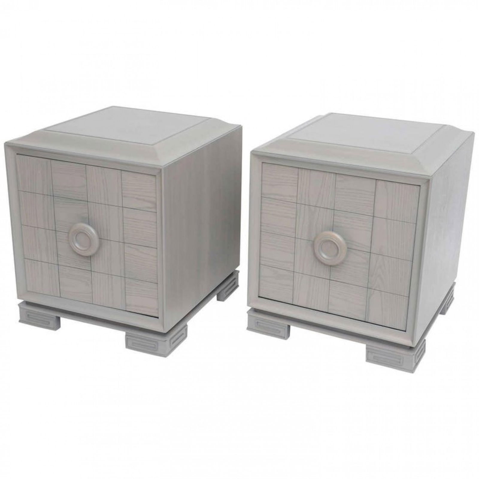 James Mont (attrib), Pair Cerused Oak Grey Cabinets: c. 1950s, USA, grey stained oak with pickle finish, the cube case with hinged door opening to shelving, on greek key carved feet, 29"h x 25"sqr Shipping Note: LOCAL PICKUP IS NOT AN OPTION. All items