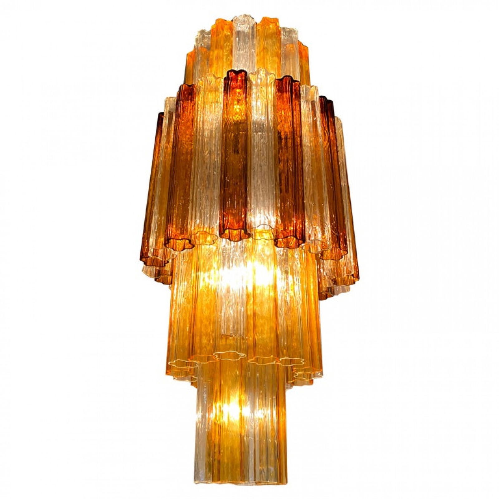 Monumental Tri-Color Italian Murano Tronchi Chandelier: c. 1970s, Italy, molded tube elements in shades of amber, hanging from metal armature wired with sockets, 52"h x 22"dia Shipping Note: LOCAL PICKUP IS NOT AN OPTION. All items MUST be shipped via Live
