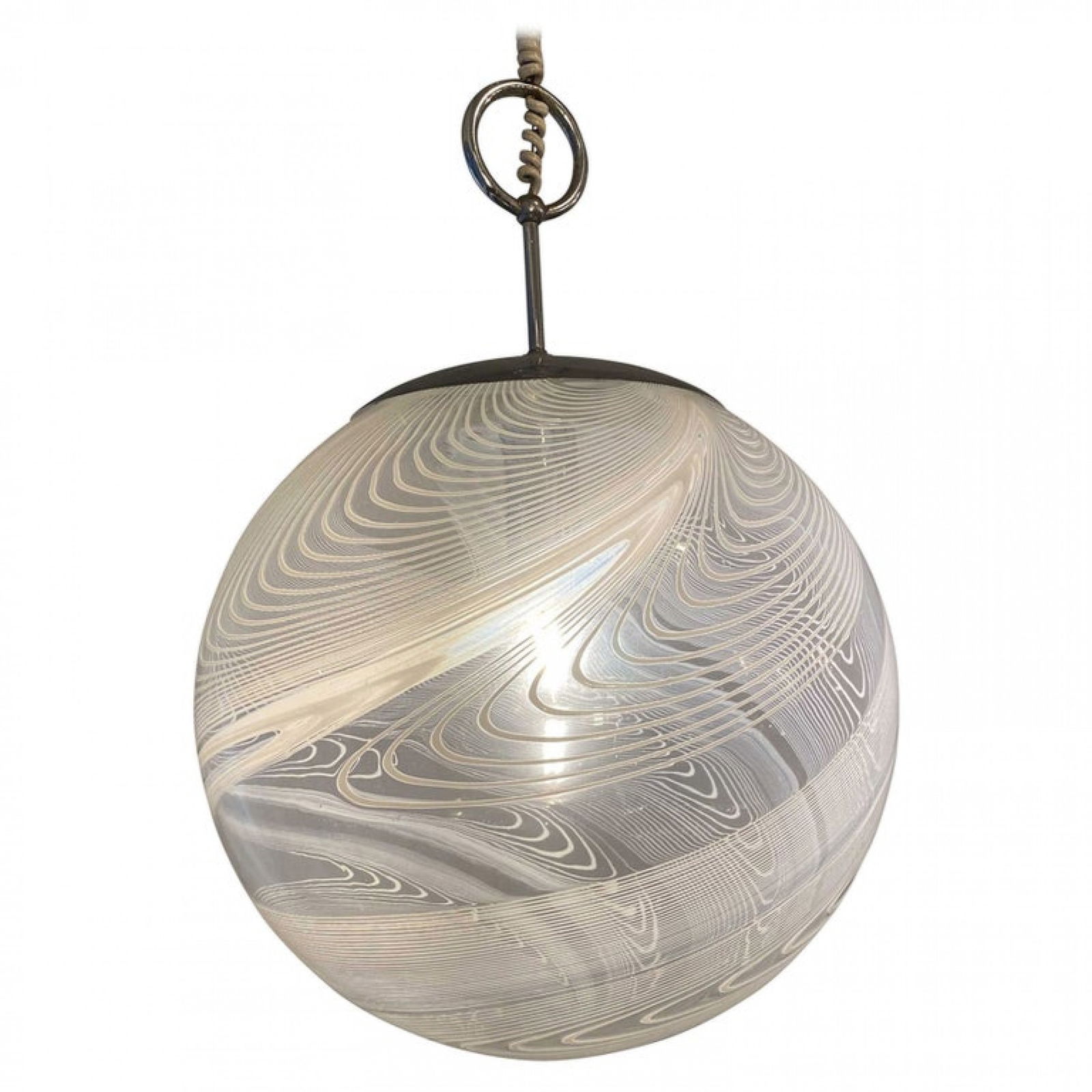 Pair Italian Murano White and Clear Hand Blown Glass Globe Chandeliers: c. 1970s, Italy, swirled white stripes on clear glass, suspended by hanging rod and loop, 16"dia x 22"h (to hanging loop) Shipping Note: LOCAL PICKUP IS NOT AN OPTION. All items MUST be shipped via