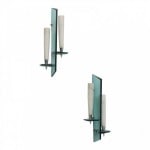Fontana Arte (Style), Pair Italian Modern Wall Sconces: c. 1970s, Italy, green glass back plate supporting two opaline glass conical arms, the chrome base wired with candelabra sockets, after Max Ingrand, 19.5"h x 8"w, x 6"d Shipping Note: LOCAL PICKUP IS
