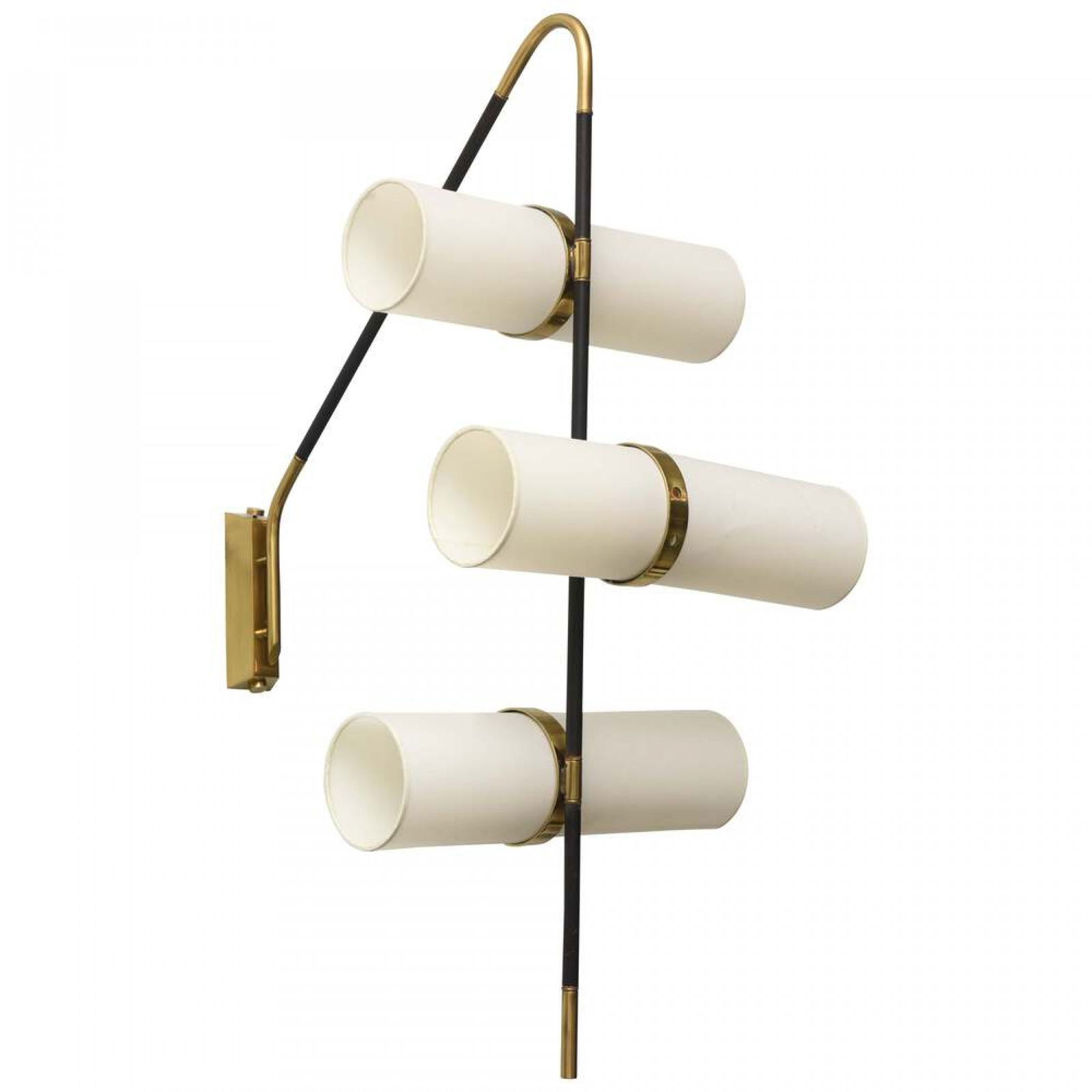 Lunel, Pair Large French Brass Enameled & Parchment Sconces: c. 1960, France, black enamel and polished brass, tube parchment shades, wired with candelabra sockets, with pivoting hinged wall bracket, 33"h x 14"w x 22"d Shipping Note: LOCAL PICKUP IS NOT AN OPTI