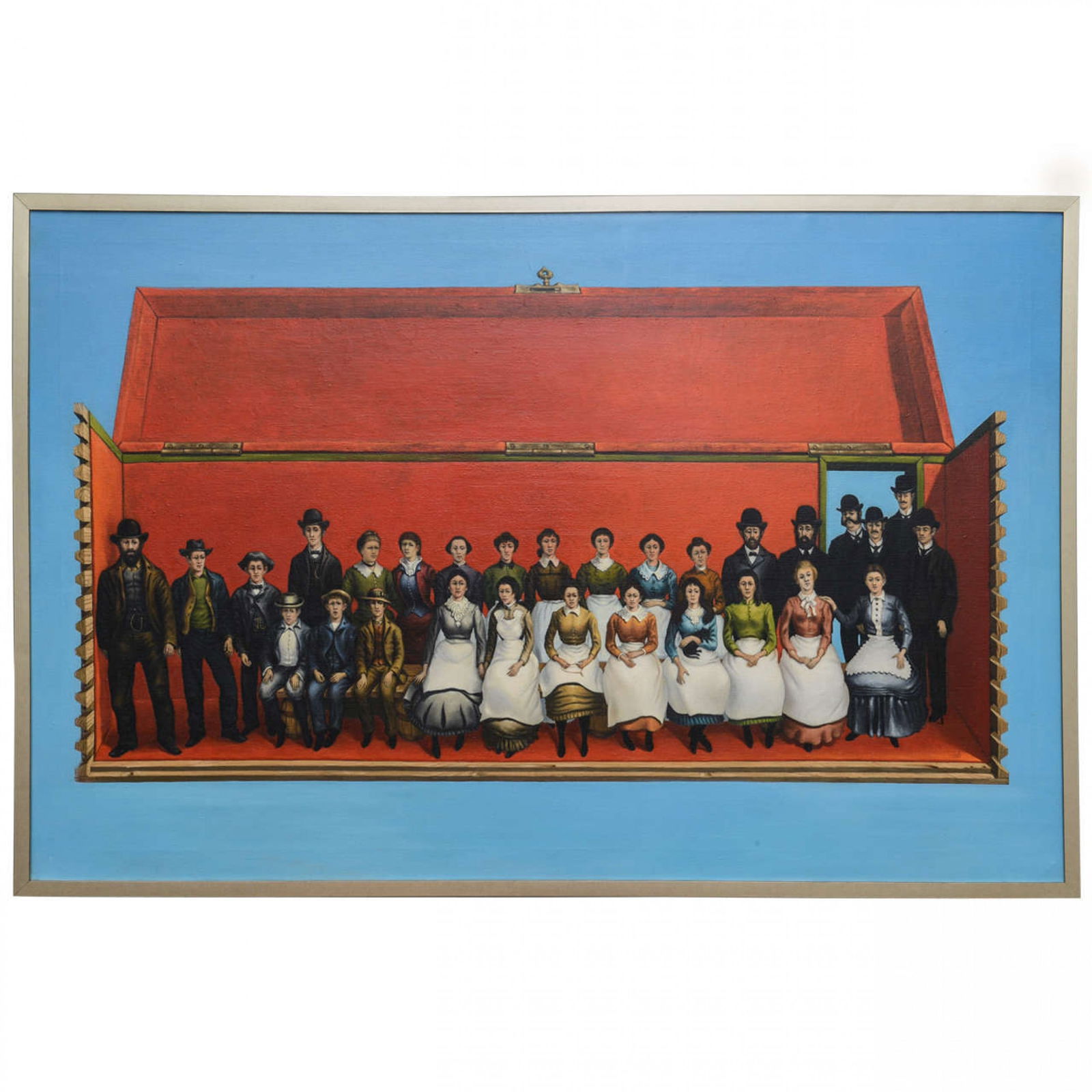 Robert Springfels, American Surrealist Oil on Canvas, 1970: Robert Springfels (American, 1911-1984), "Personnel of a Box Factory", slat frame, 51"h x 33"h x Shipping Note: LOCAL PICKUP IS NOT AN OPTION. All items MUST be shipped via LiveAuctioneers Shipping
