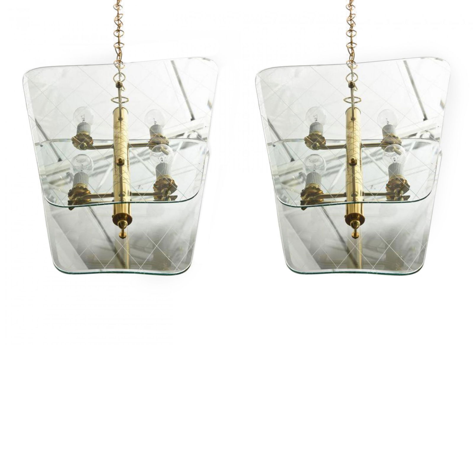 Pietro Chiesa for Fontana Arte, Pair Etched Glass Pendant Lights: 20th c., Italy, etched glass, polished brass, each mounted with 4 candelabra sockets, hung on brass link chain, 15"h x 14"w x 7"d (excluding chain) Shipping Note: LOCAL PICKUP IS NOT AN OPTION. All