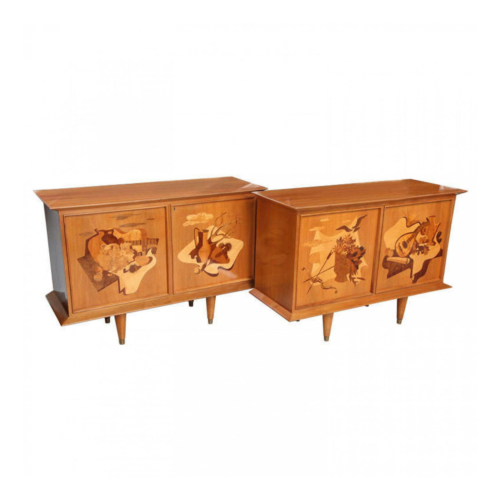 Pair Italian Intarsia Two-Door Credenzas: c. 1950s, Italy, each mixed-wood marquetry inlaid doors decorated with musical instruments and foliage, on a blond wood veneer, opening to shelving, attributed to Luigi Scremin, 37"h xn 54"w x 20"dShi