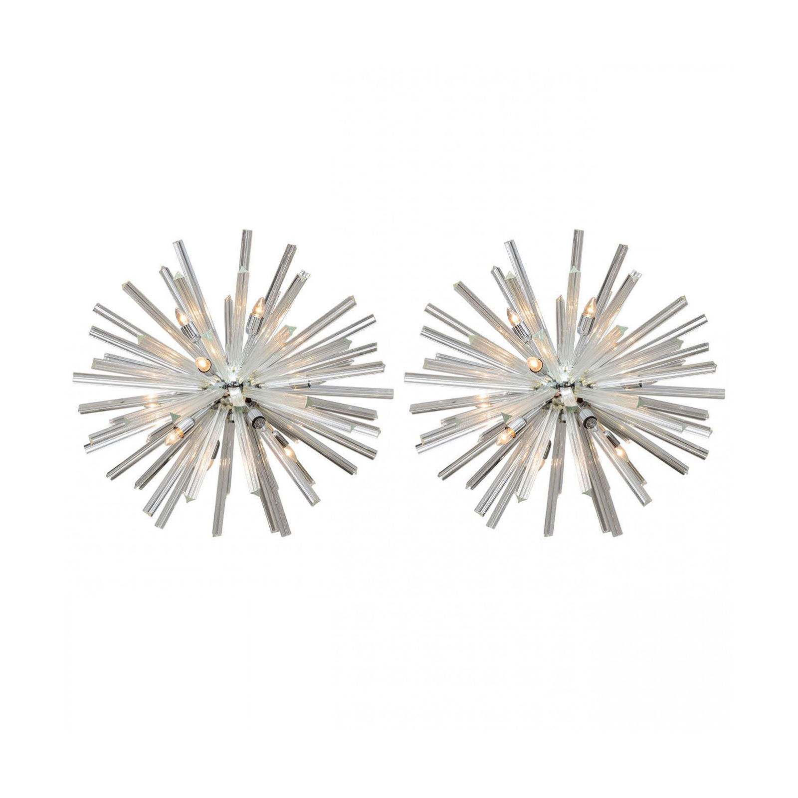 Pair of Monumental Glass and Polished Chrome Chandeliers: 20th c, glass prism rods mounted to chrome orb set with candelabra sockets, 40"diaShipping Note: LOCAL PICKUP IS NOT AN OPTION. All items MUST be shipped via LiveAuctioneers Shipping Services. Use the