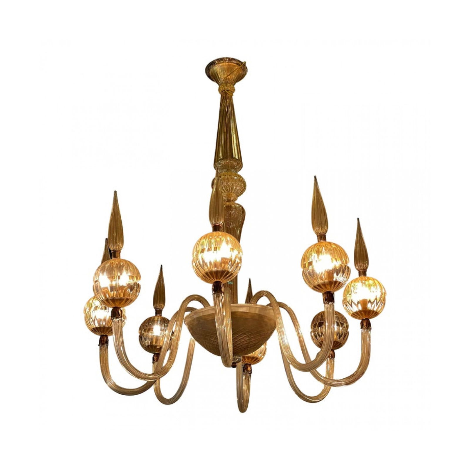 Barovier & Toso, Italian Modern Hand Blown Glass 8 Arm Chandelier: c. mid-20th c., Italy, hand blown amber glass, 8 Arms ending globes mounted with a tapered fluted finial, 57"h x 48"dia Shipping Note: LOCAL PICKUP IS NOT AN OPTION. All items MUST be shipped via Live