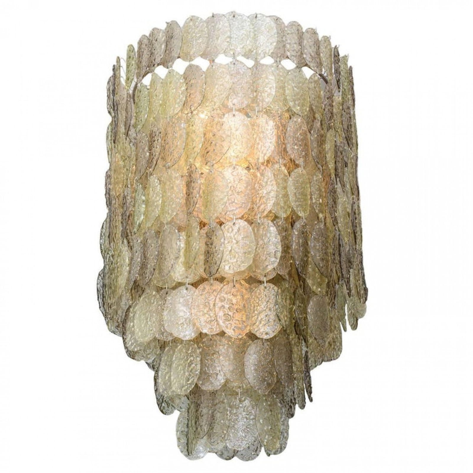 Mazzega, Italian Monumental Modern Chandelier: c. 20th c., Italy, textured amber glass disc drops, metal armature, 45"h x 32"dia Shipping Note: LOCAL PICKUP IS NOT AN OPTION. All items MUST be shipped via LiveAuctioneers Shipping Services. Use the