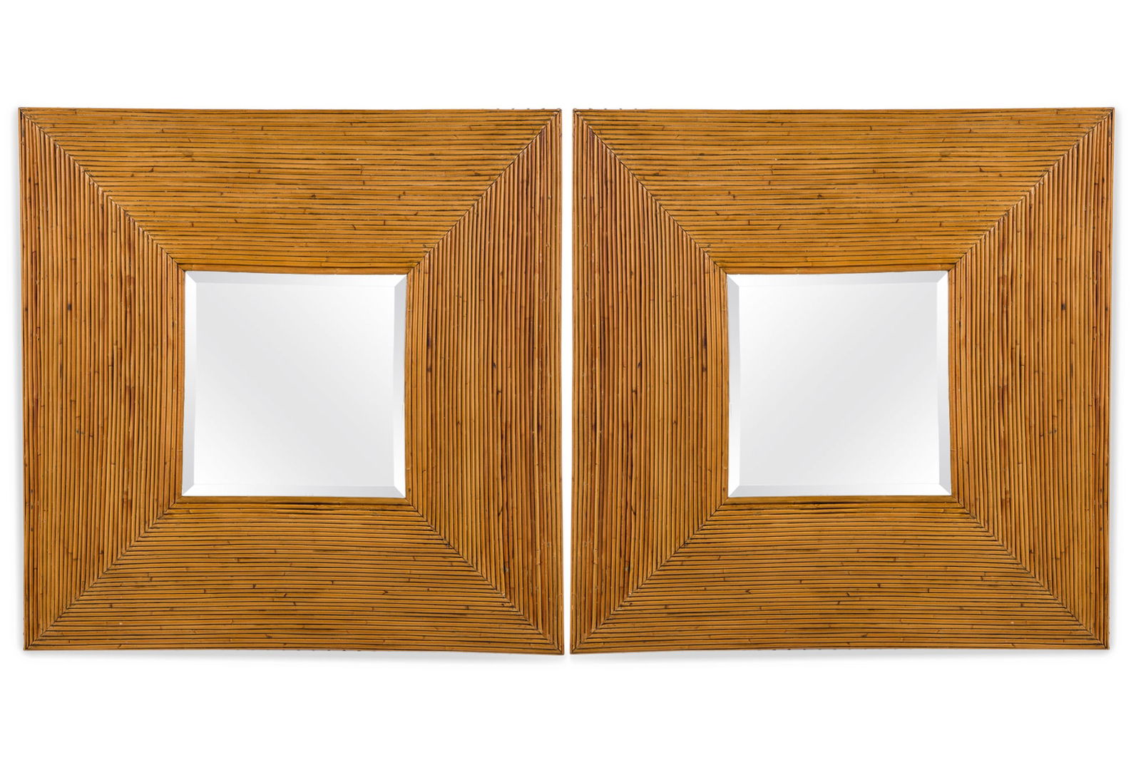 Pair of Mid-Century Bohemian Square Pencil Reed Framed Wall Mirrors: c. mid-20th c., likely USA, pencil reed veneer frames, mirror, 36"h x 36"w x 6"d Shipping Note: LOCAL PICKUP IS NOT AN OPTION. All items MUST be shipped via LiveAuctioneers Shipping Services. Use the