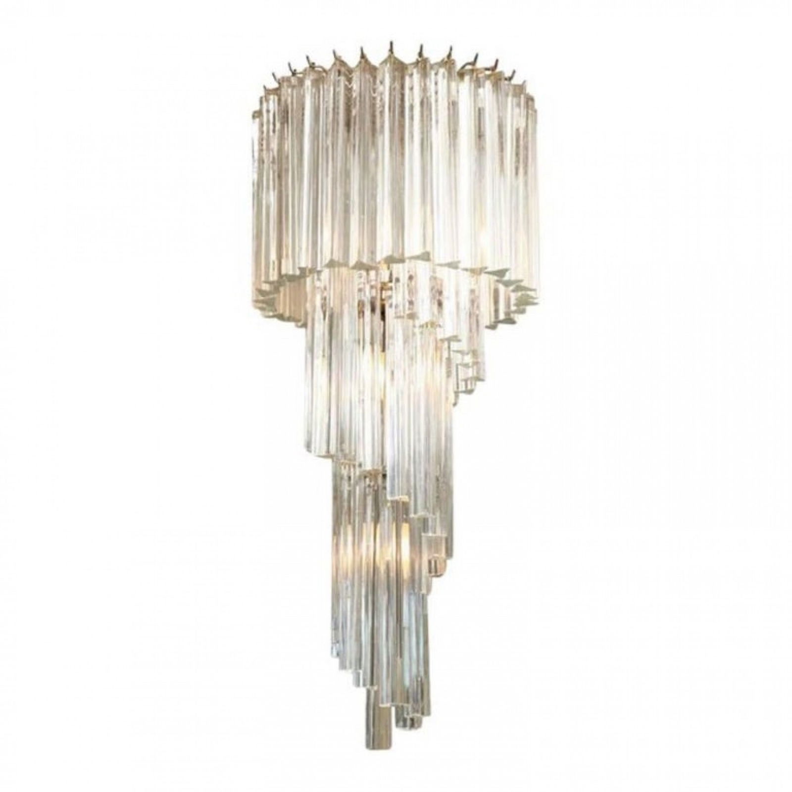 Italian Modern Tiered Spiral Prism Chandelier, 1960s: c. 1960s, Italy, clear glass prism drops, nickel metal armature, 46"h x 15"dia Shipping Note: LOCAL PICKUP IS NOT AN OPTION. All items MUST be shipped via LiveAuctioneers Shipping Services. Use the Li