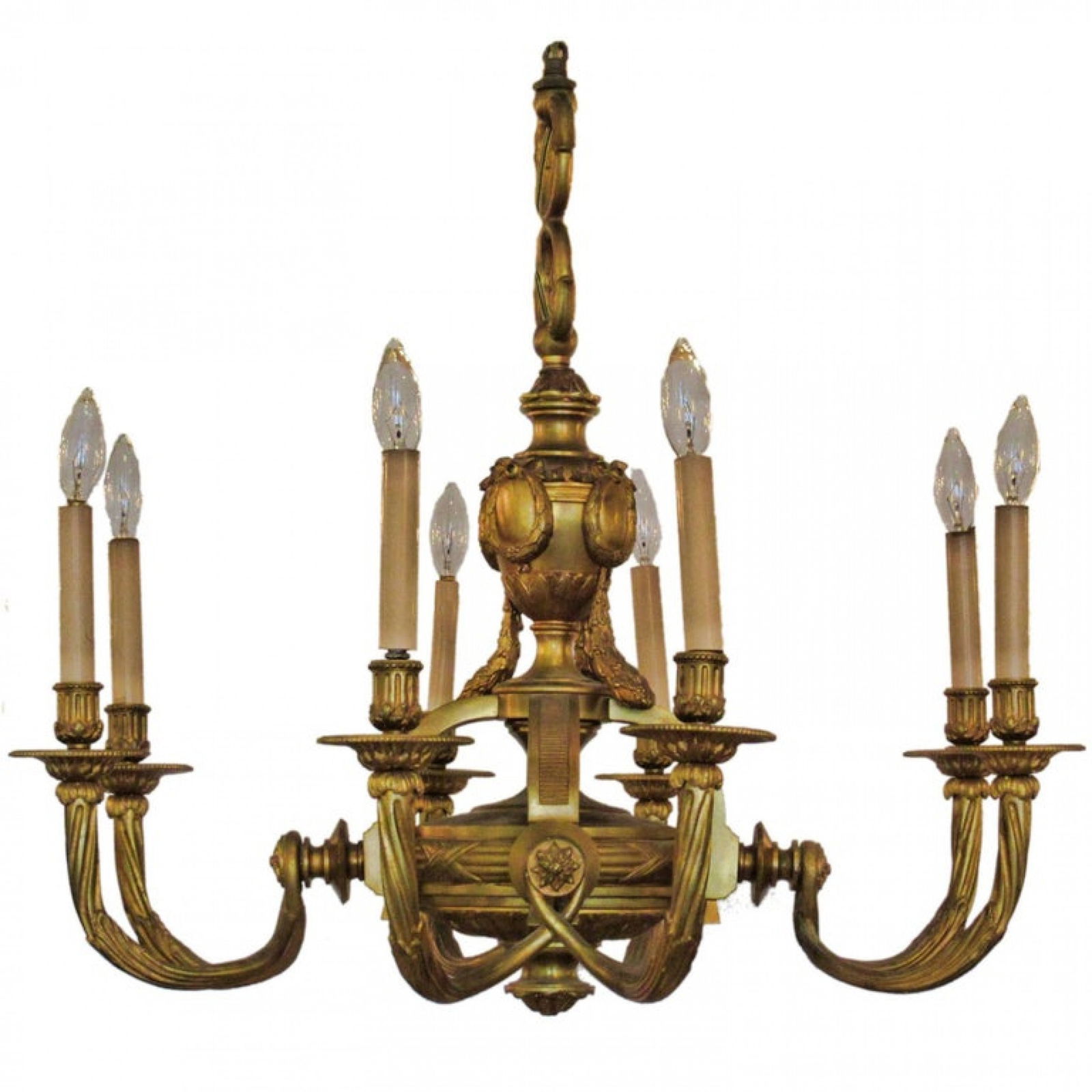 19th Century French Louis Philippe DorÃ© Bronze Eight-Arm Chandelier: c. 19th/20th c., France, girl cast bronze, eight-arm chandelier with decorative garland swags and medallion motifs, nicely cast and high quality, 27"h x 30.5"dia Shipping Note: LOCAL PICKUP IS NOT AN