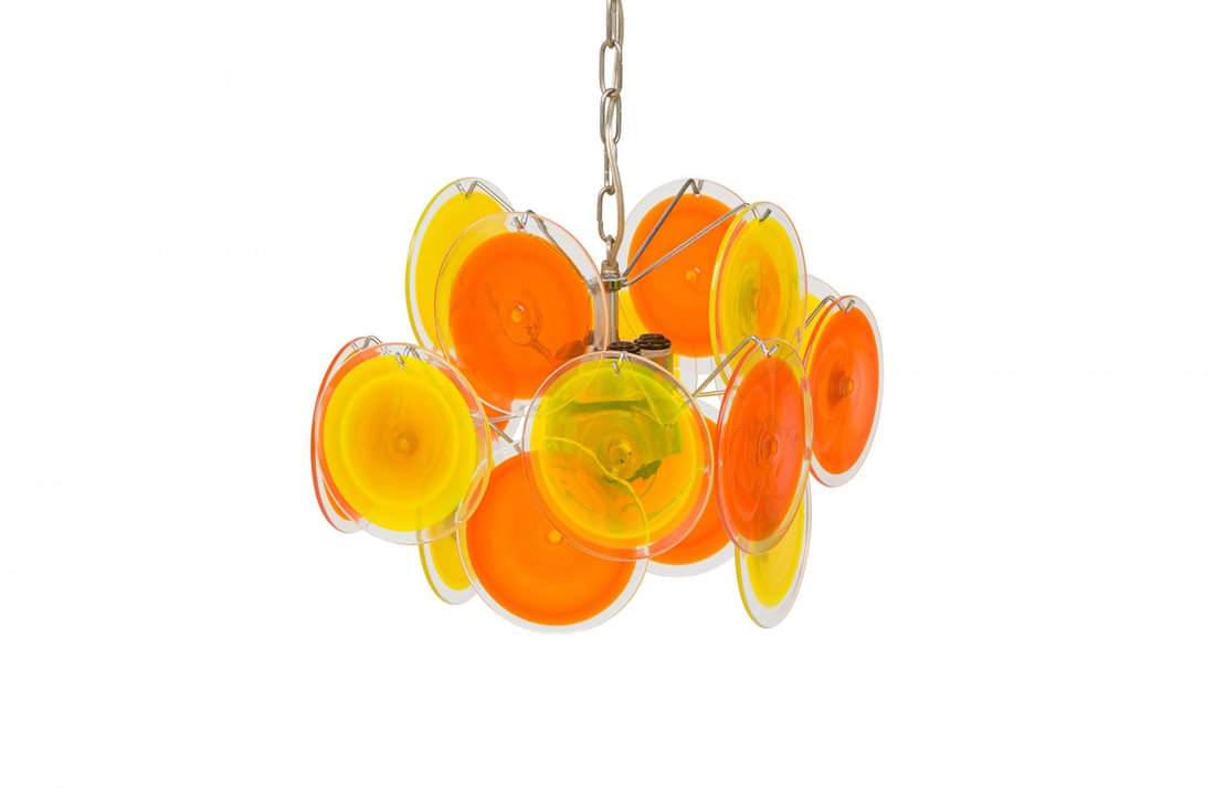 Vistosi, Italian Mid-Century Glass Disk and Silver Metal Chandelier: c. mid-20th c., Italy, three-tiered silver metal frame, blown glass disks, two interior bulbs, 28"h x 14"dia Shipping Note: LOCAL PICKUP IS NOT AN OPTION. All items MUST be shipped via LiveAuctioneers