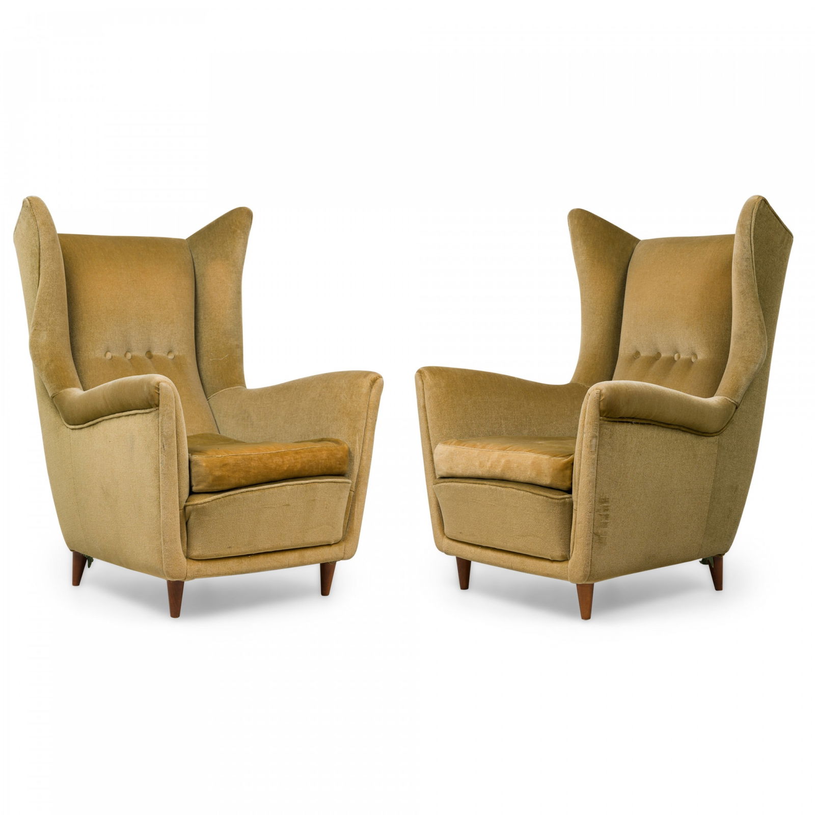Gio Ponti (manner), Pair of Mid-Century Italian Modern Lounge / Armchairs: c. mid-20th c., Italy, wood frame, button tufted and upholstered in green velvet, on 4 short conical legs, 43.5"h x 31"w x 32"d Shipping Note: LOCAL PICKUP IS NOT AN OPTION. All items MUST be shipped